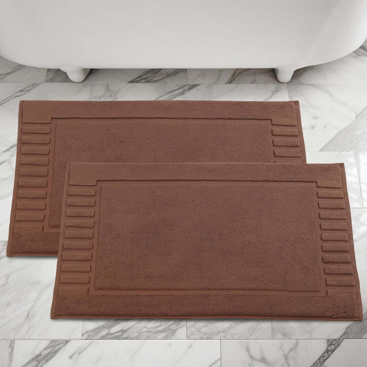 Superior Leo Cotton Geometric Border Bath Mat, 22" x 35", Set of 2, Brown