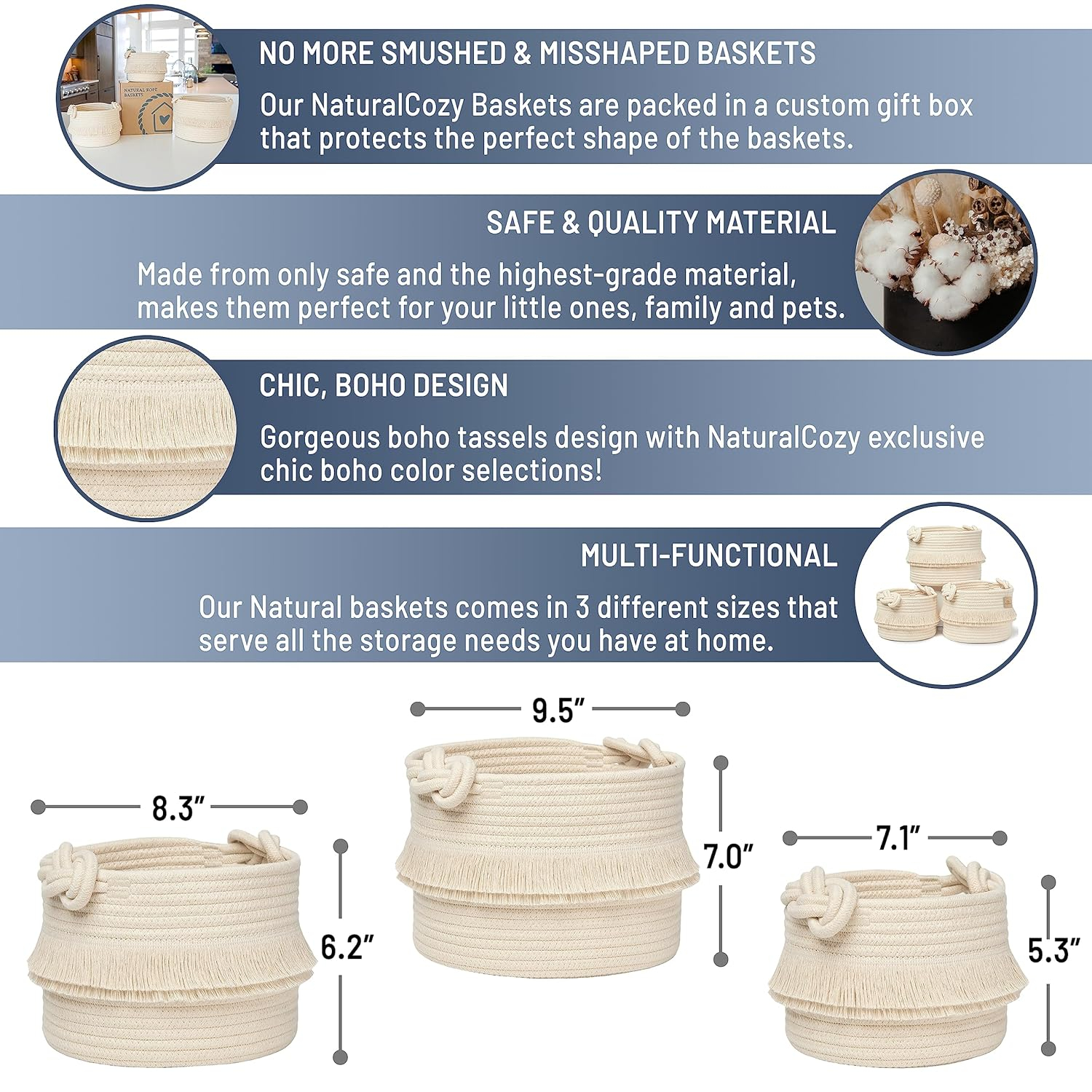 NaturalCozy 3-Piece Boho Decor Storage Basket Set – Cotton Rope Woven Baskets for Organizing! Small Baby Stuff, Shower, Gift Basket, Nursery Planter, Toy Shelves