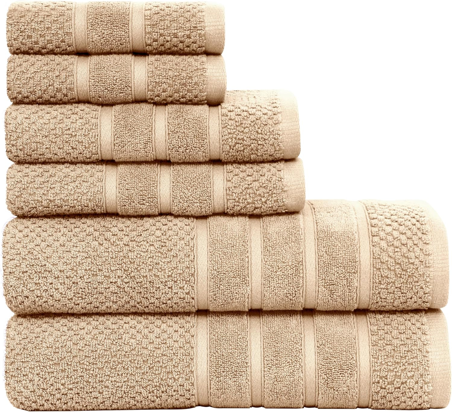 Feather & Stitch 100% Cotton 625 GSM Bath Towel Set of 6, Ultra Soft Highly Absorbent 2 Bath Towels, 2 Hand Towels & 2 Washcloth - Luxury Quick Dry Shower Towels (Linen)