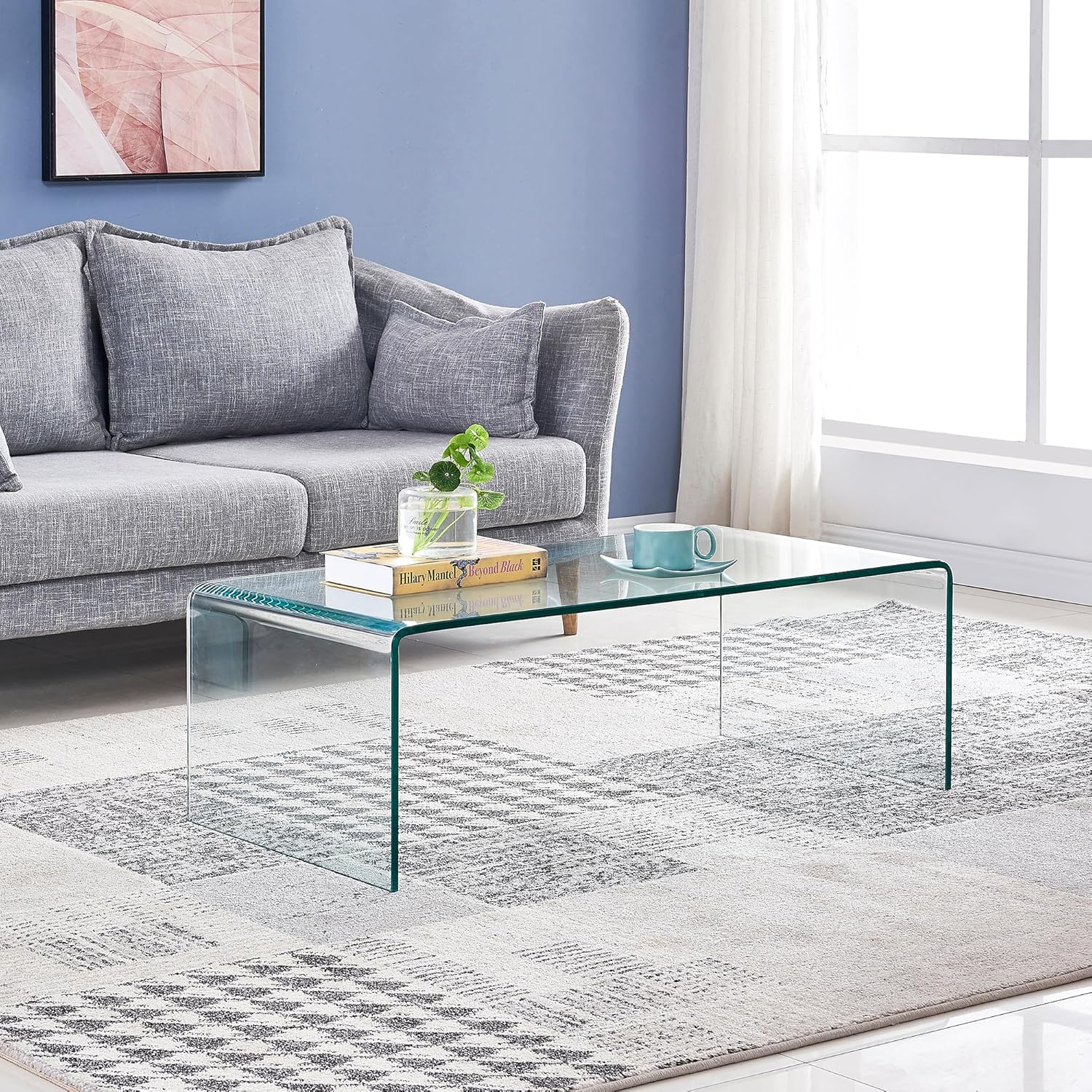 Glass Coffee Table, Modern Clear Tables for Living Room, Small Rectangle Tempered Glass Waterfall Sofa End Coffee Tables 39.4" x 19.7" x 13.78"H