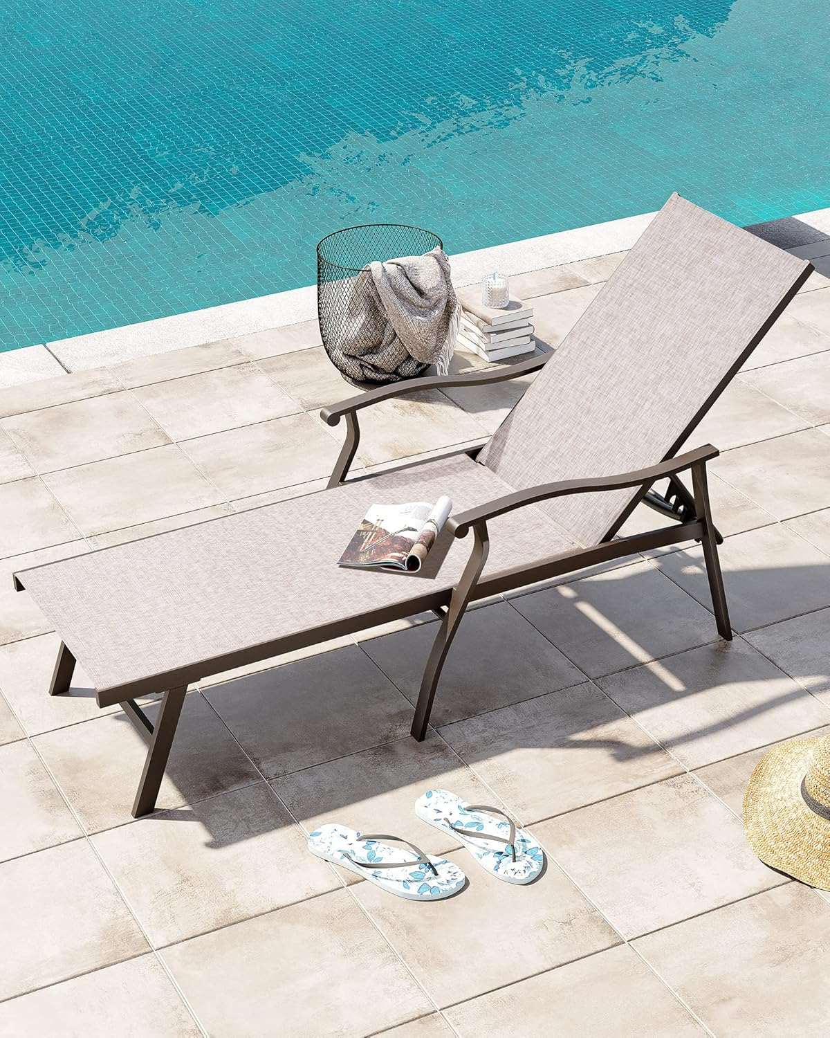 Beige Aluminum Outdoor Chaise Lounge with Armrests, Set of 2