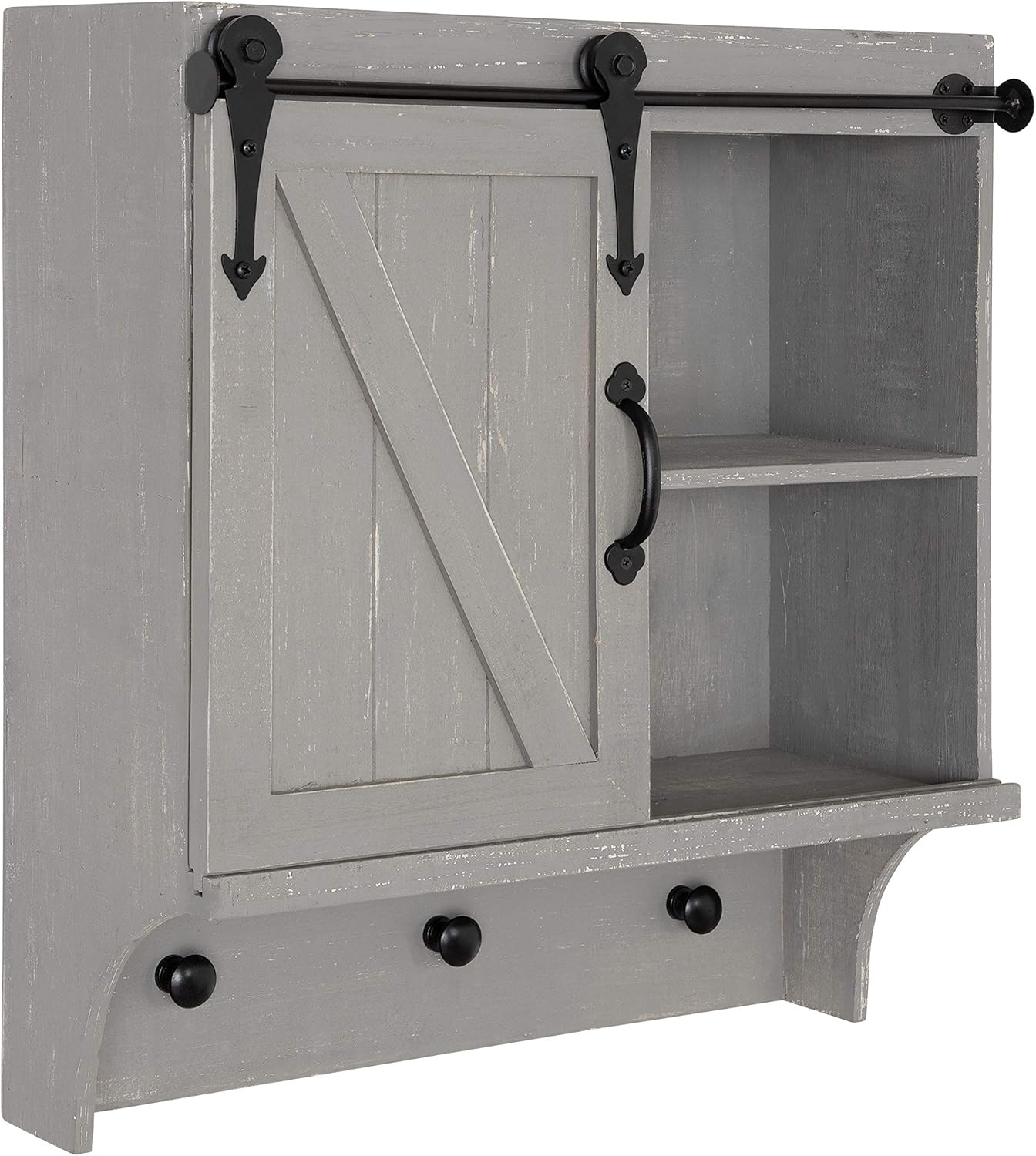 Kate and Laurel Cates Farmhouse Cabinet Wall Organizer with Sliding Barn Door and 3 Knobs, 18 x 8 x 20, Gray, Shabby-Chic Farmhouse-Inspired Mail and Key Holder for Wall