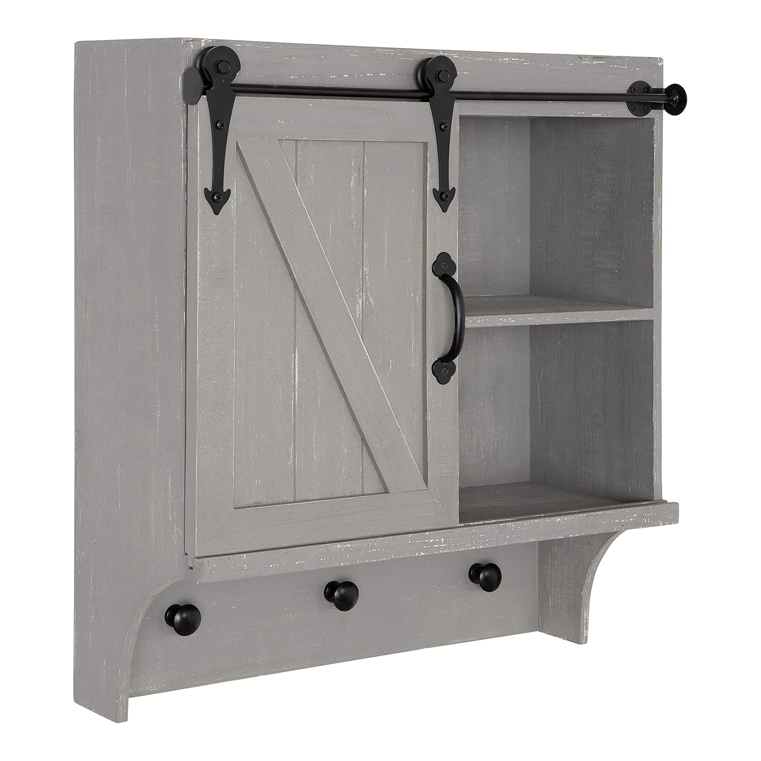 Kate and Laurel Cates Farmhouse Cabinet Wall Organizer with Sliding Barn Door and 3 Knobs, 18 x 8 x 20, Gray, Shabby-Chic Farmhouse-Inspired Mail and Key Holder for Wall