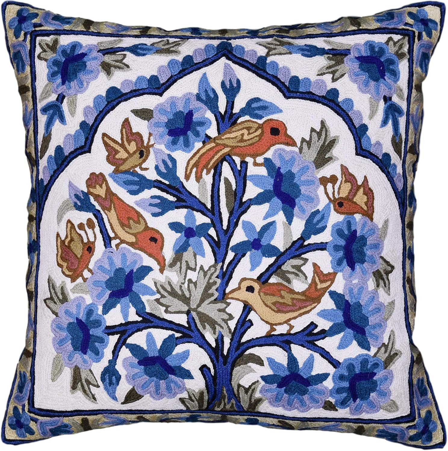 Teal Blue Embroidered Cotton Euro Pillowcase with Birds