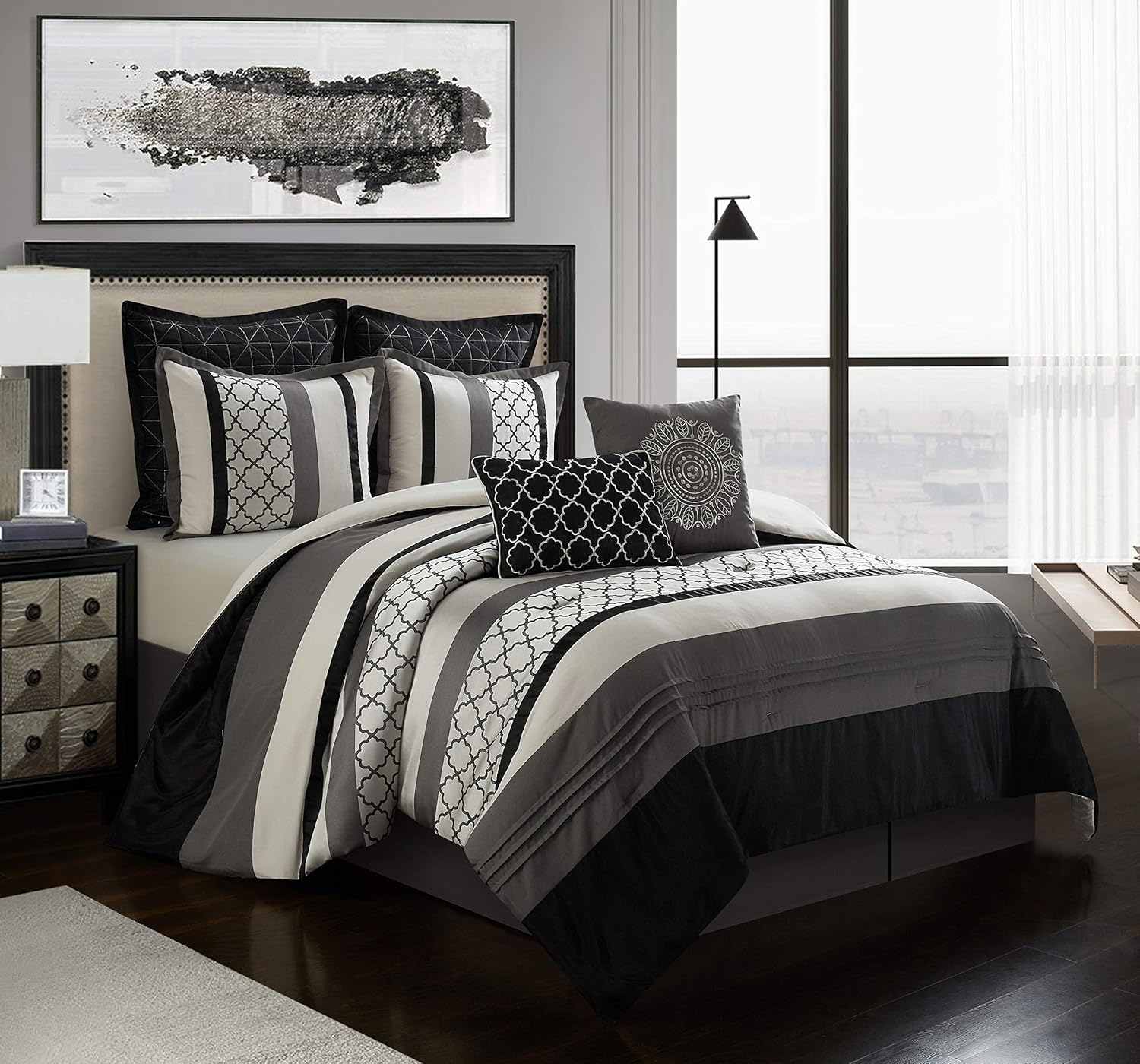 Nanshing Avalon 8 Piece Trellis Moroccan Print Comforter Set, Black/Grey, King