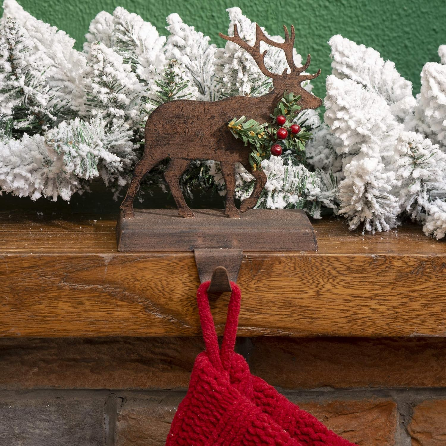 6.5" Brown and Green Unique Wooden Reindeer Stocking Holder