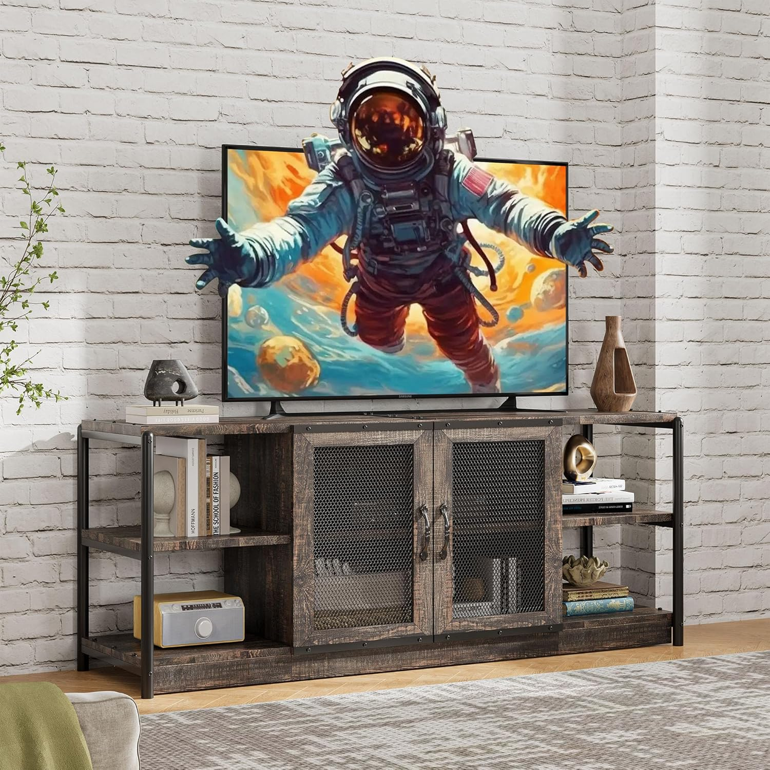 Killeryuki TV Stand for 65+ Inch TV, Industrial Entertainment Center TV Media Console Table, Farmhouse TV Stand with Storage and Mesh Door, TV Console Cabinet Furniture for Living Room (Rustic Oak)