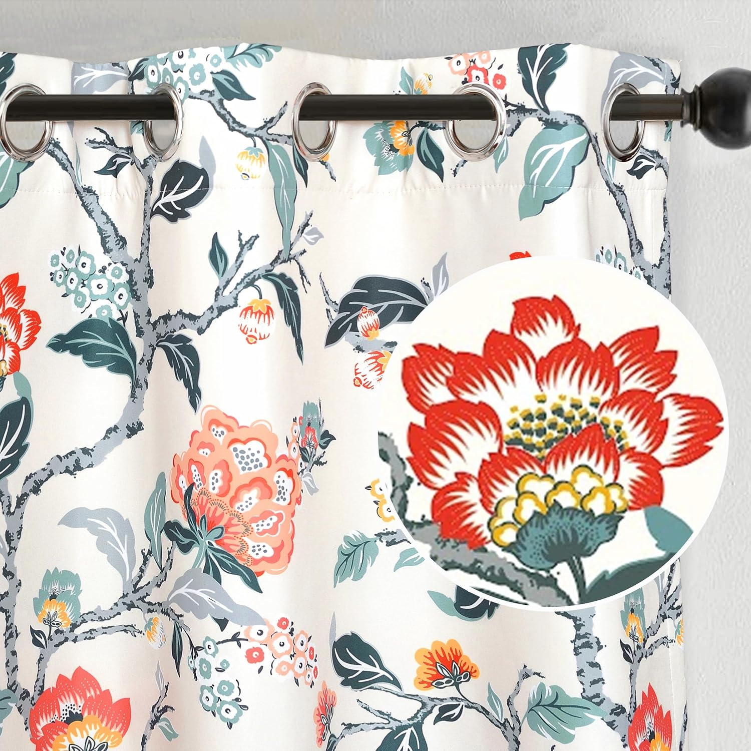 DriftAway Ada Floral Lined Thermal Insulated Room Darkening Blackout Grommet Window Curtains, 2 Panels, 52" x 63", Ivory Orange Teal