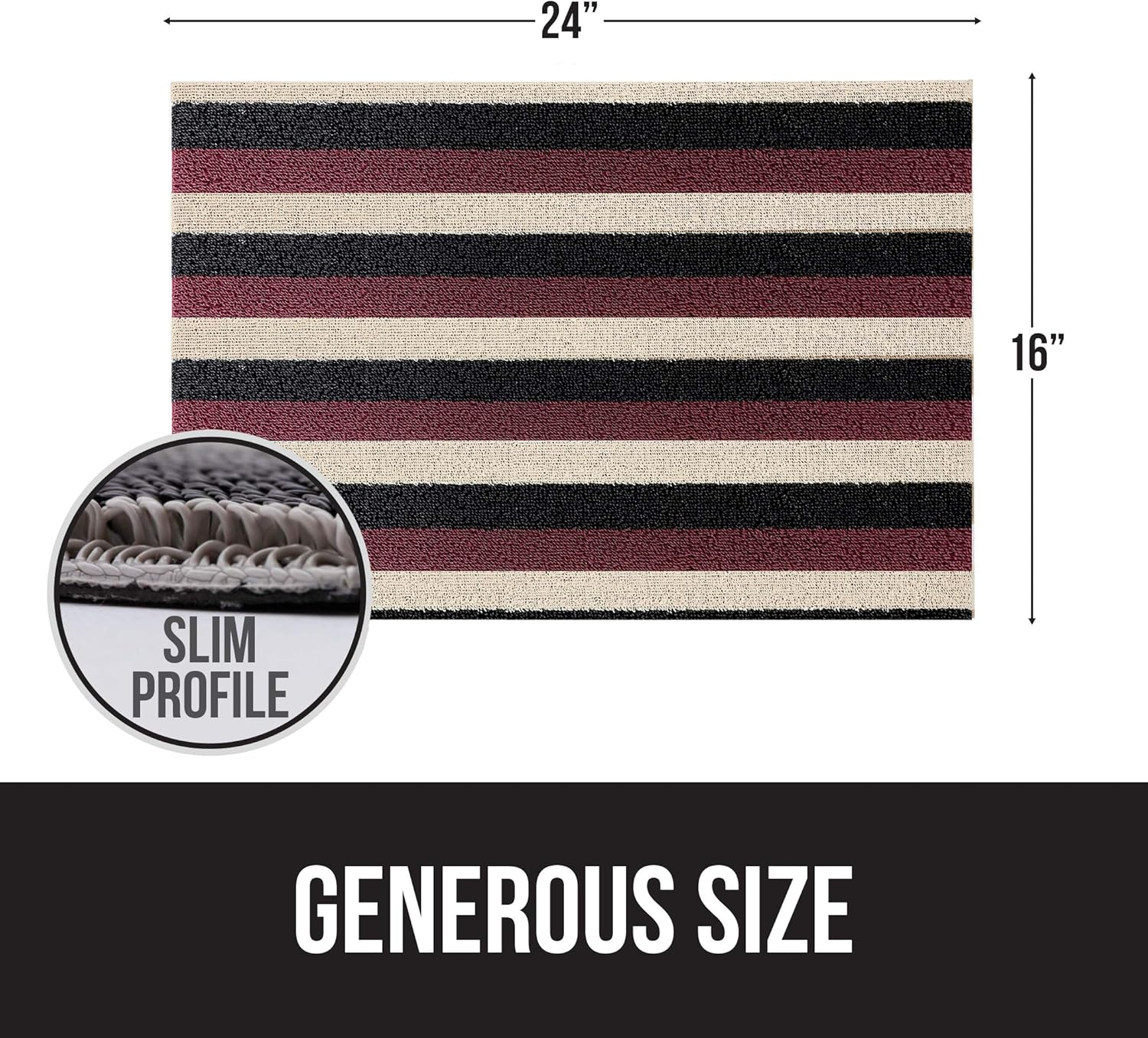 GORILLA GRIP Striped Doormat, Thick Bristle Door Mat Catches Dirt from Shoes, 24x16, Burgundy Black Cream