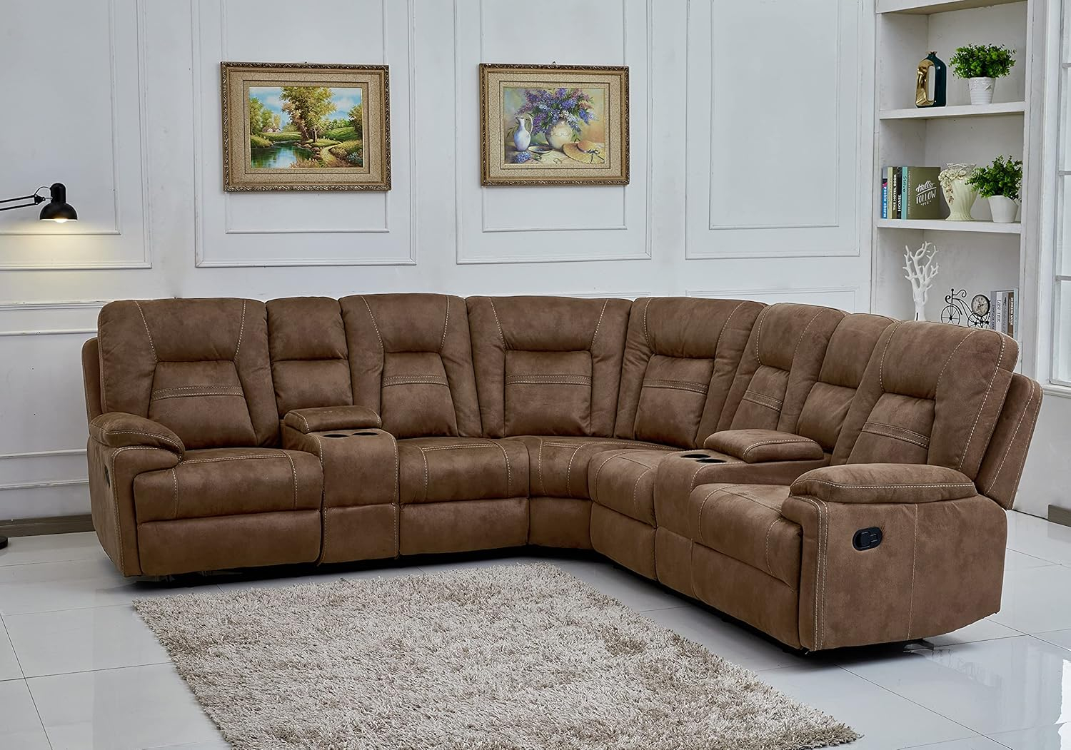 Betsy Furniture Large Microfiber Reclining Sectional Living Room Sofa in Latte 8038