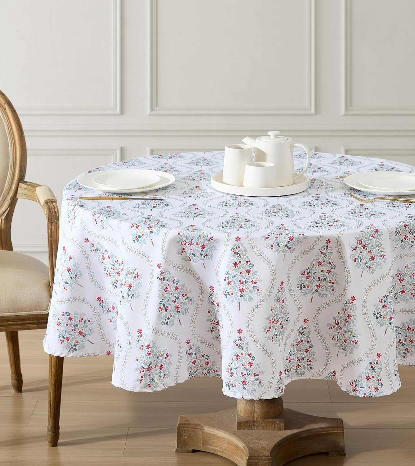 Laura Ashley Decorative Tablecloth, Wrinkle and Stain Resistant, Spillproof Water Repellent, Easy Care Washable Polyester Fabric for Dining, Kitchen, Holiday and Party, 70" Round, Tree Trellis