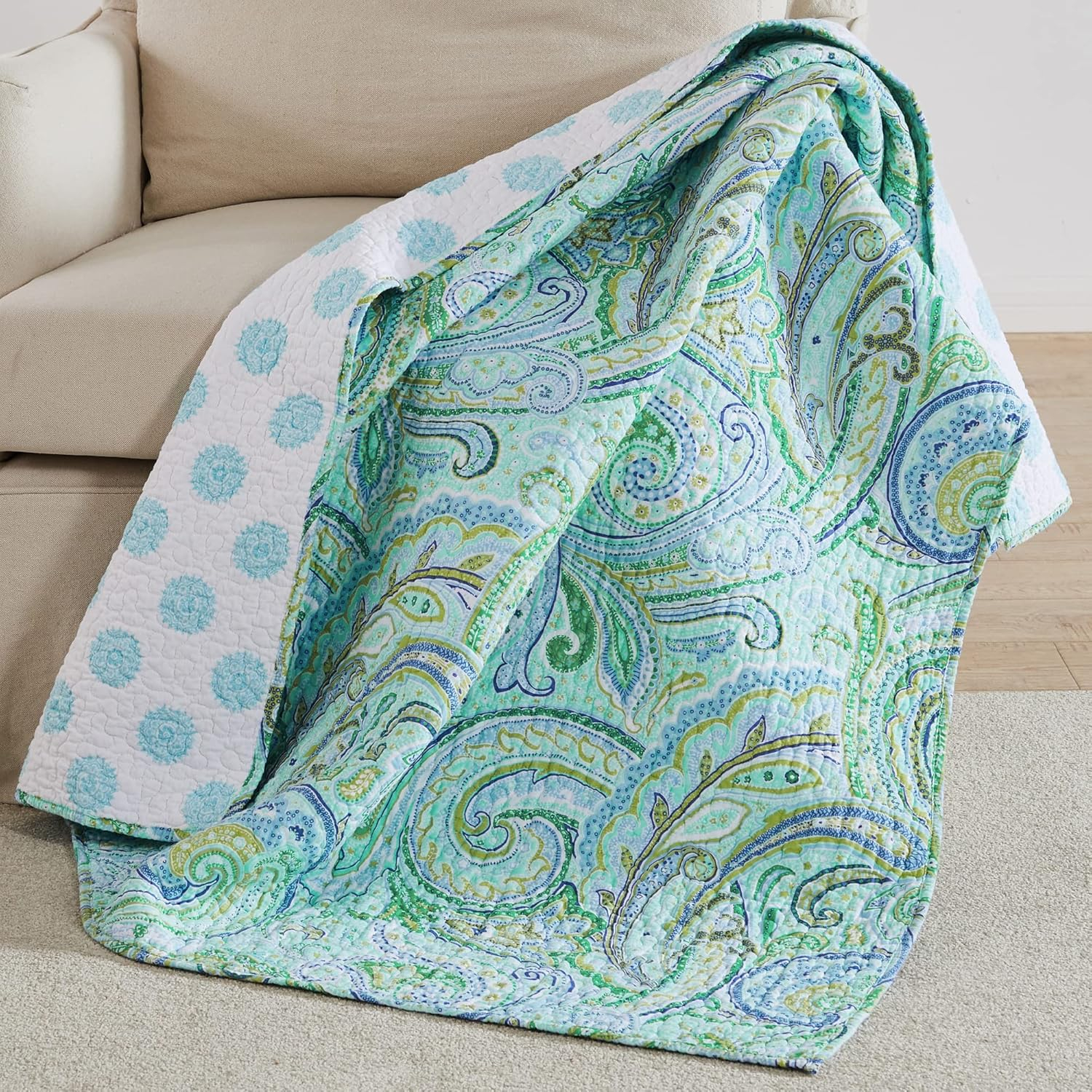 Teal and Green Cotton Reversible Paisley Throw Blanket 50x60in