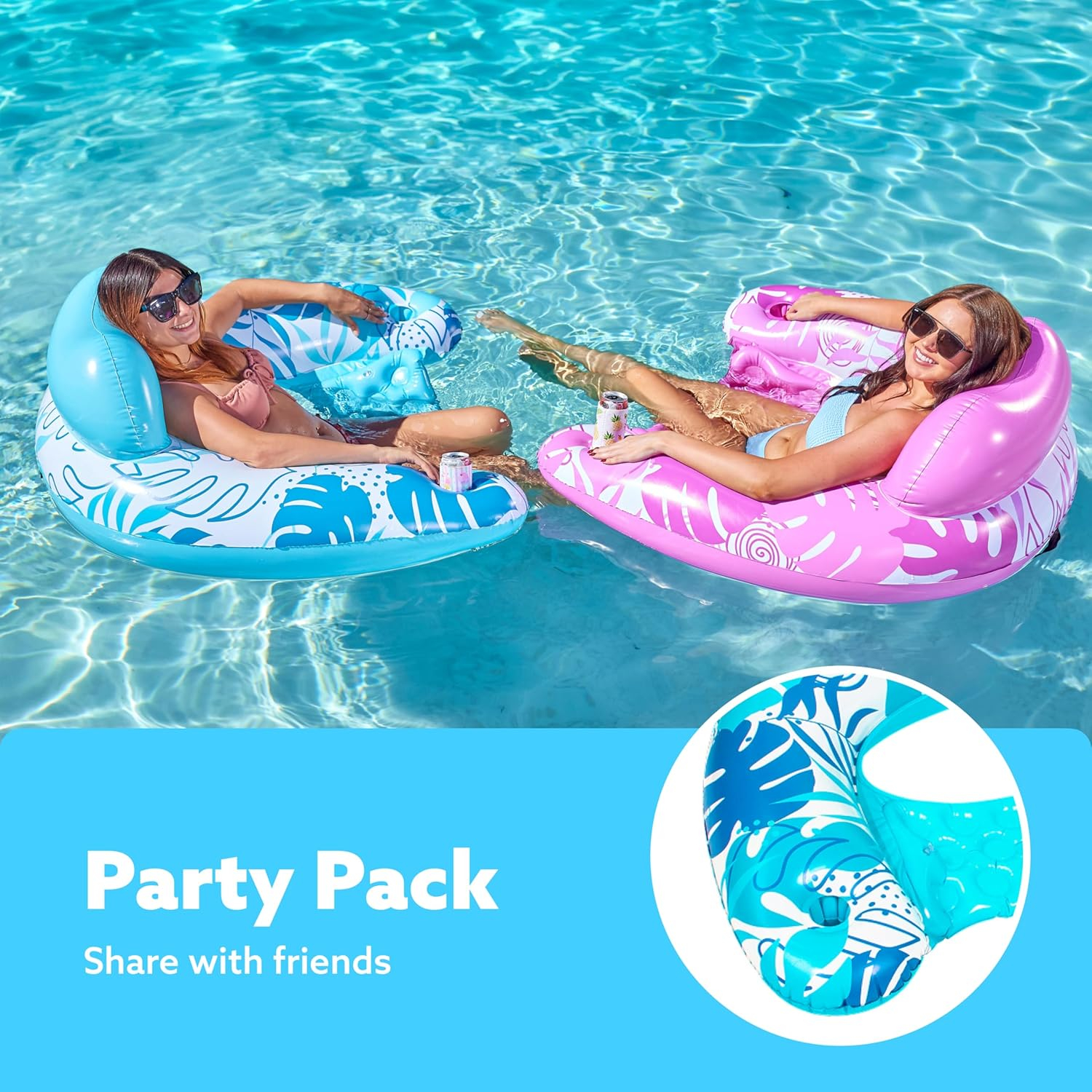 SLOOSH Inflatable Pool Floats Adult,2 Pack Pool Chairs with Cup Holders,Blow up Floats Chair,Hammock Noodle Mat Leaves Design for Relaxing Summer Water Fun Swimming Party Beach