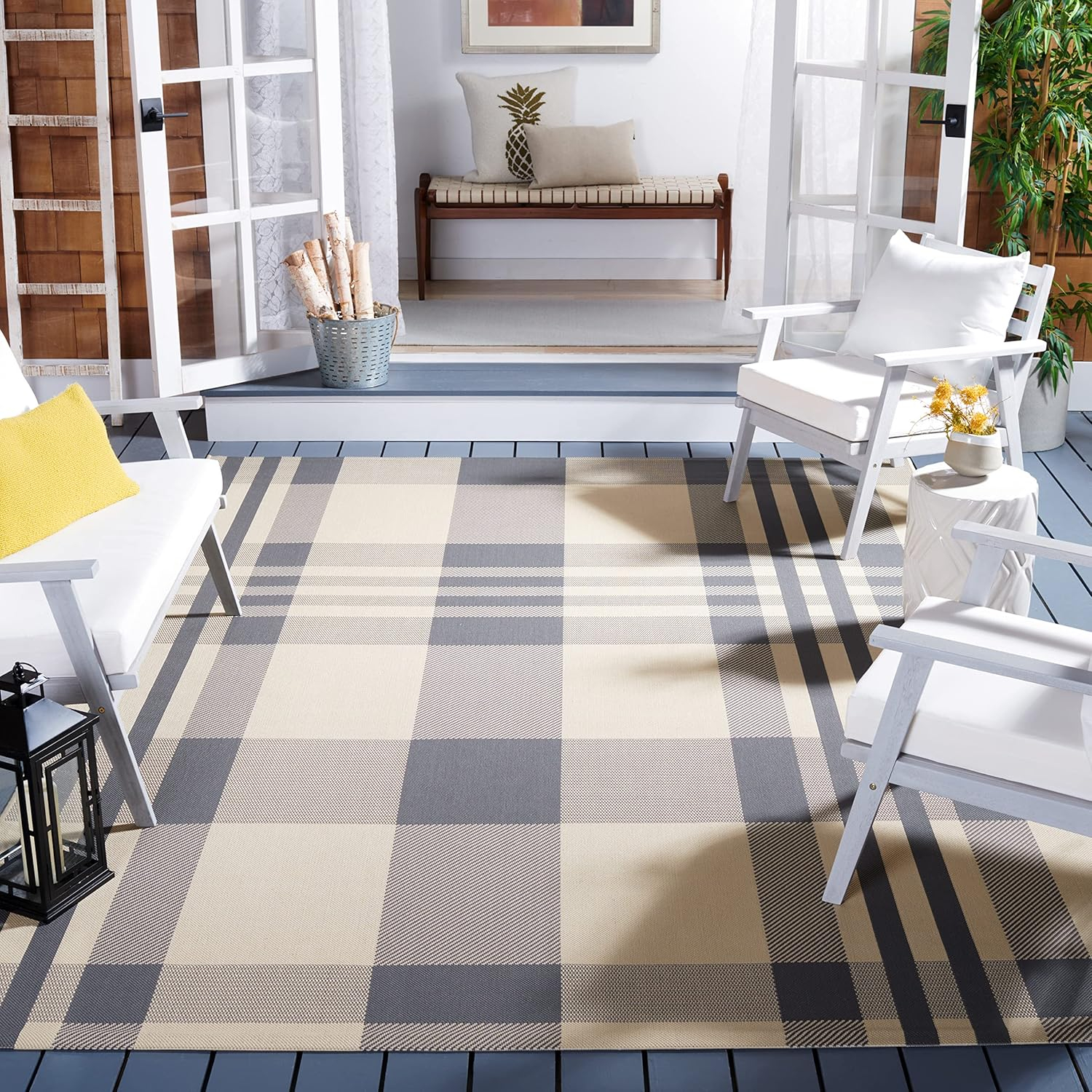 SAFAVIEH Courtyard Benjamin Plaid Indoor/Outdoor Area Rug, 9' x 12', Grey/Bone