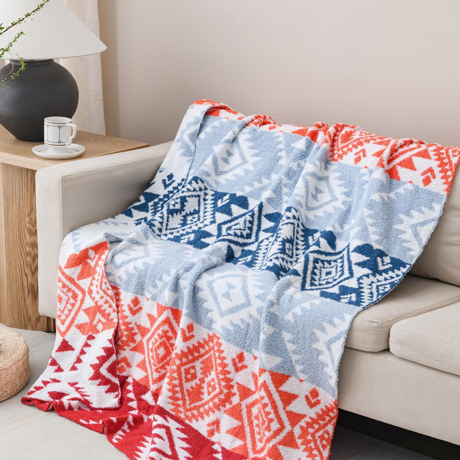 Super Soft Feather Knit Jacquard All Season Throw Blanket for Couch Bed Sofa, 50x60 inches, Cleo Aztec