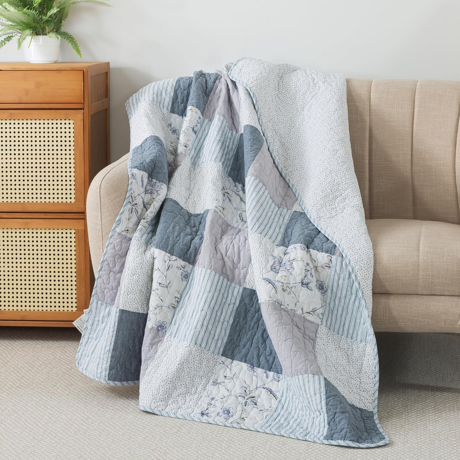 Coastal Dream 50" x 60" Cotton Quilted Throw Blanket, Soft Purple and Blue Farmhouse Patchwork Throw Quilt for Couch, Lightweight Pieced Lap Quilt with Country Style