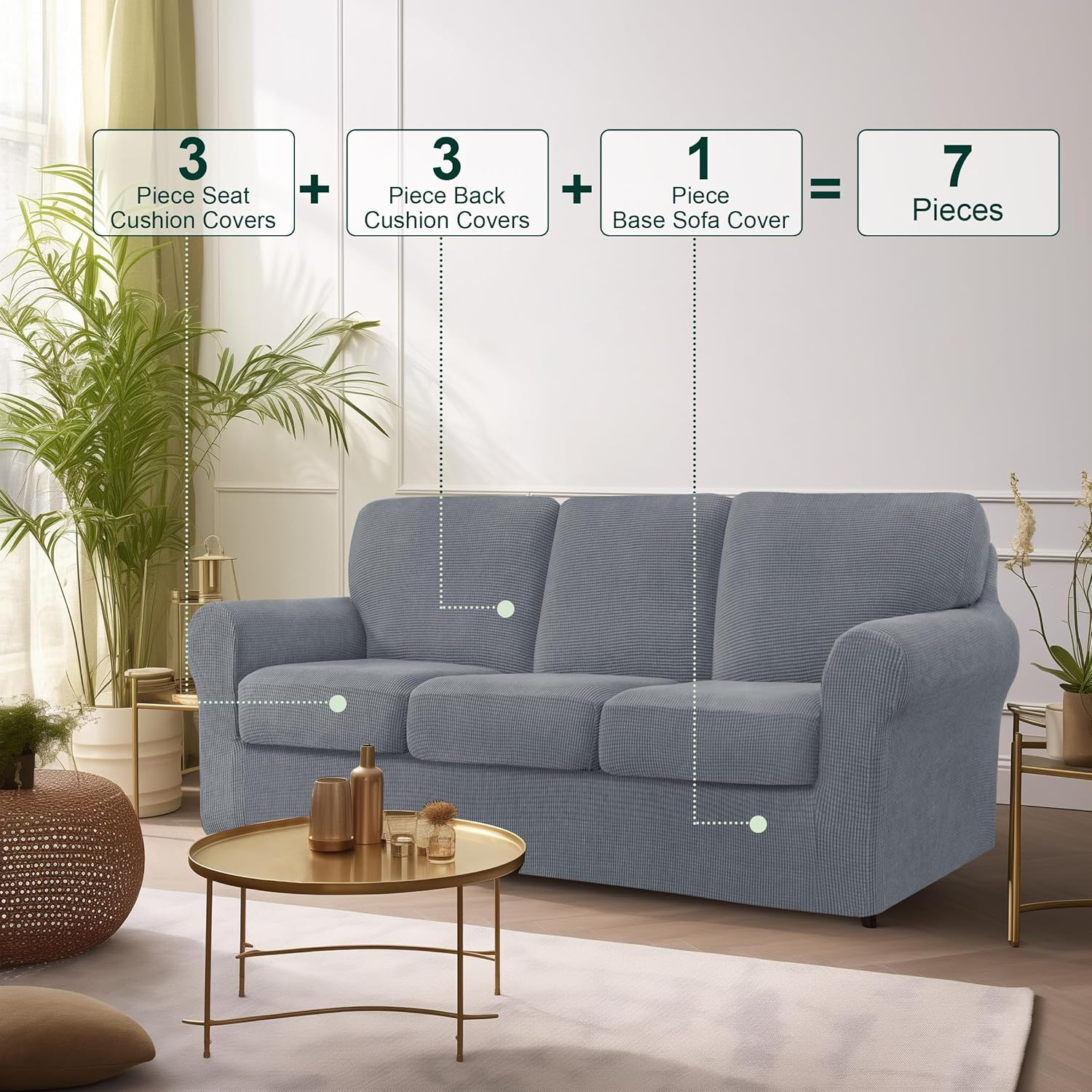 CHUN YI 7 Piece Couch Covers for 3 Cushion Couch Sofa Pet Friendly, 3 Seater Stretch Sofa Slipcover with Seperate Backrest and Cushion Covers, Furniture Protector for Dogs (Large, Light Grey)