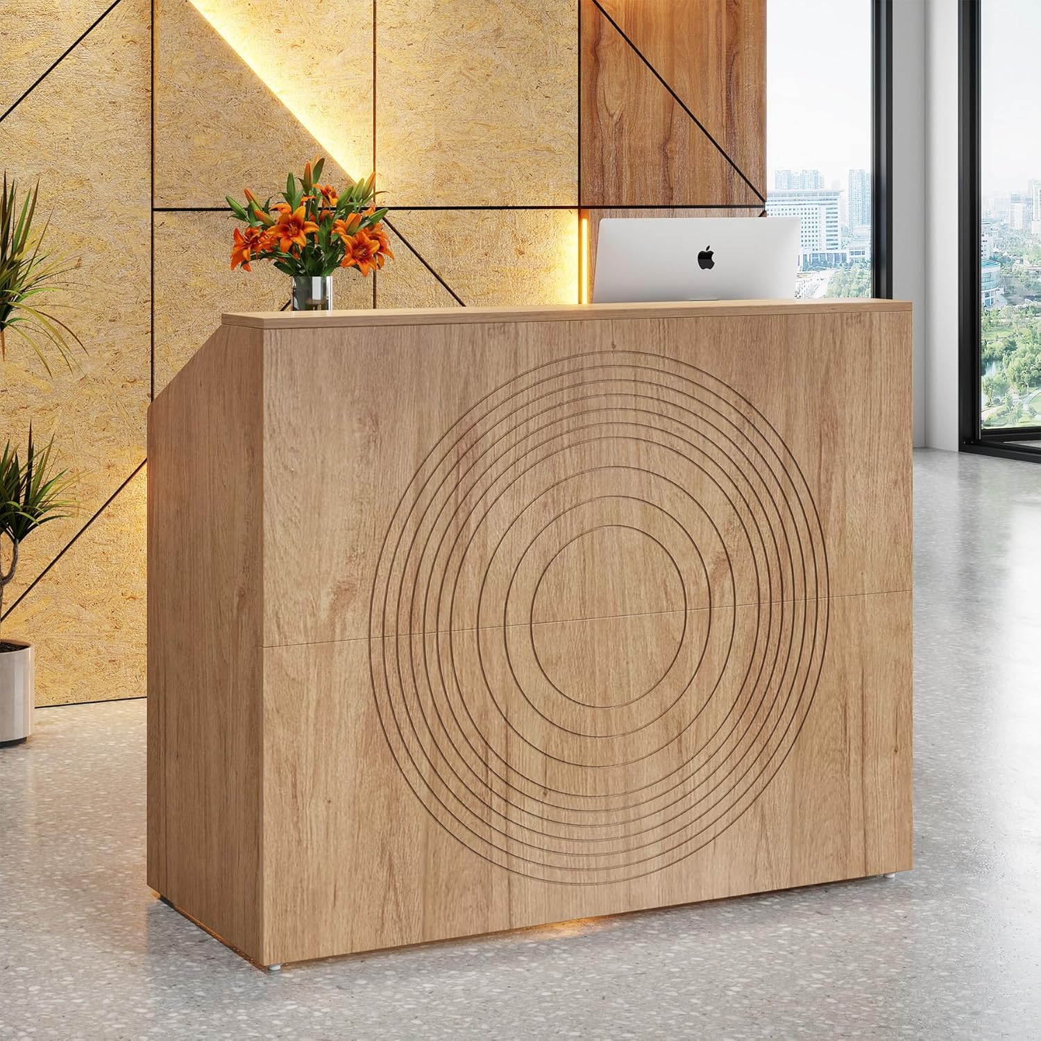 Tribesigns Reception Desk with Counter, Modern Front Desk Reception Room Table with Cable Grommet, 47 inch Retail Counter for Checkout, Lobby, Beauty Salon, Home Office Desk, Oak