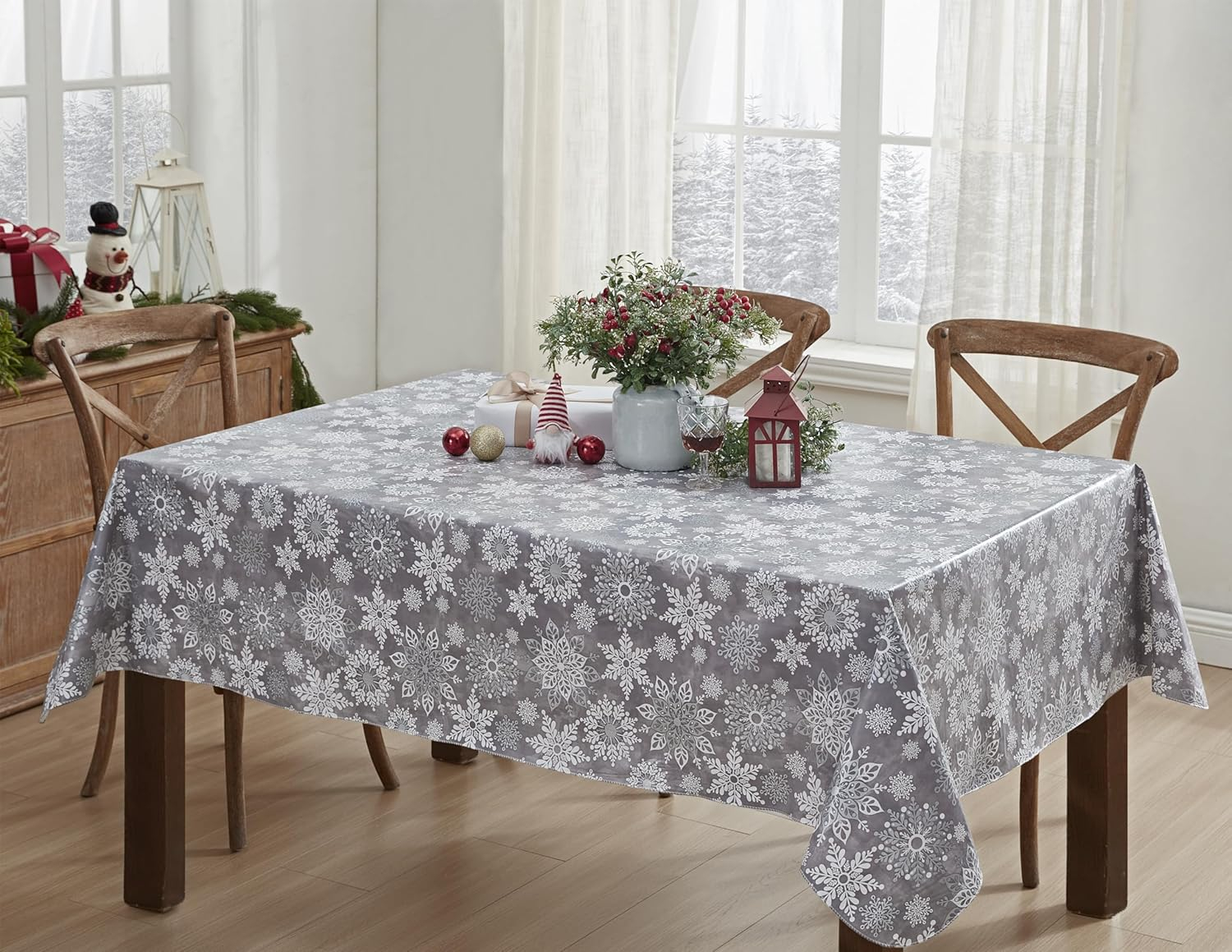 Newbridge Winter Sparkle Vinyl Flannel Backed Christmas Tablecloth - Silver Glitter Snowflake Print Wipe Clean Easy Care Holiday Tablecloth, 52in x 52in Square, Grey/Silver