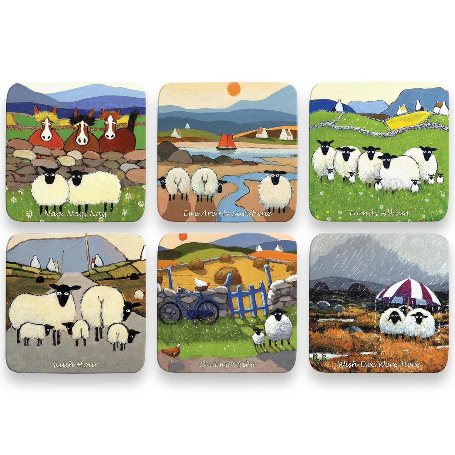 Thomas Joseph Set of 6 Coasters Cork Backed Irish Sheep Design, Gift Boxed (Set nr. 2)