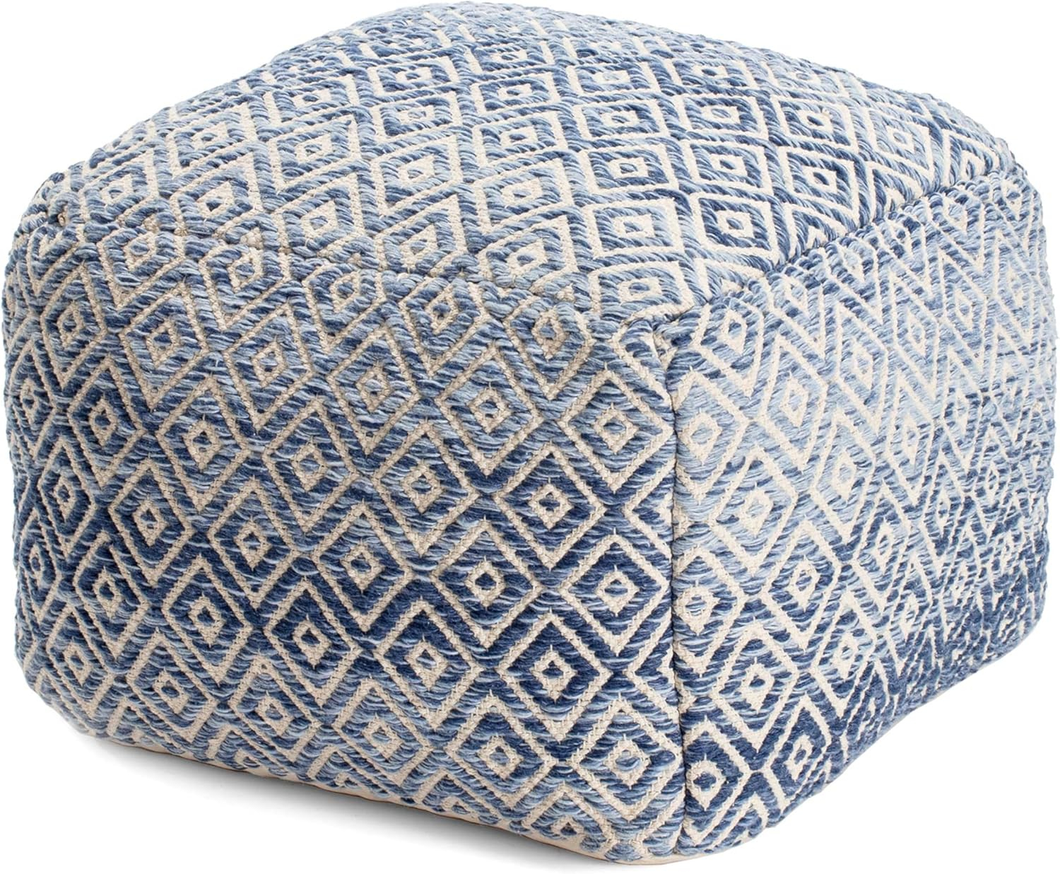 Chero Distressed Diamond 22" Square Pouf Ottoman Blue and Beige