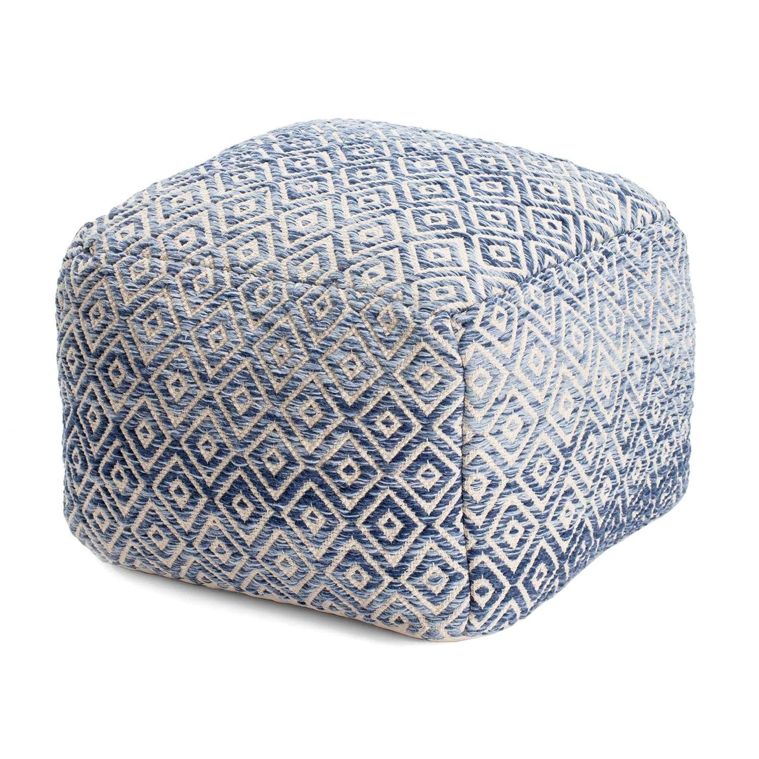 Chero Distressed Diamond 22" Square Pouf Ottoman Blue and Beige