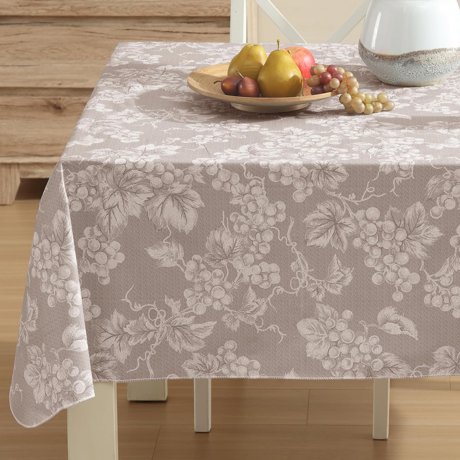 Taupe Grapevine Print Vinyl Tablecloth with Flannel Backing