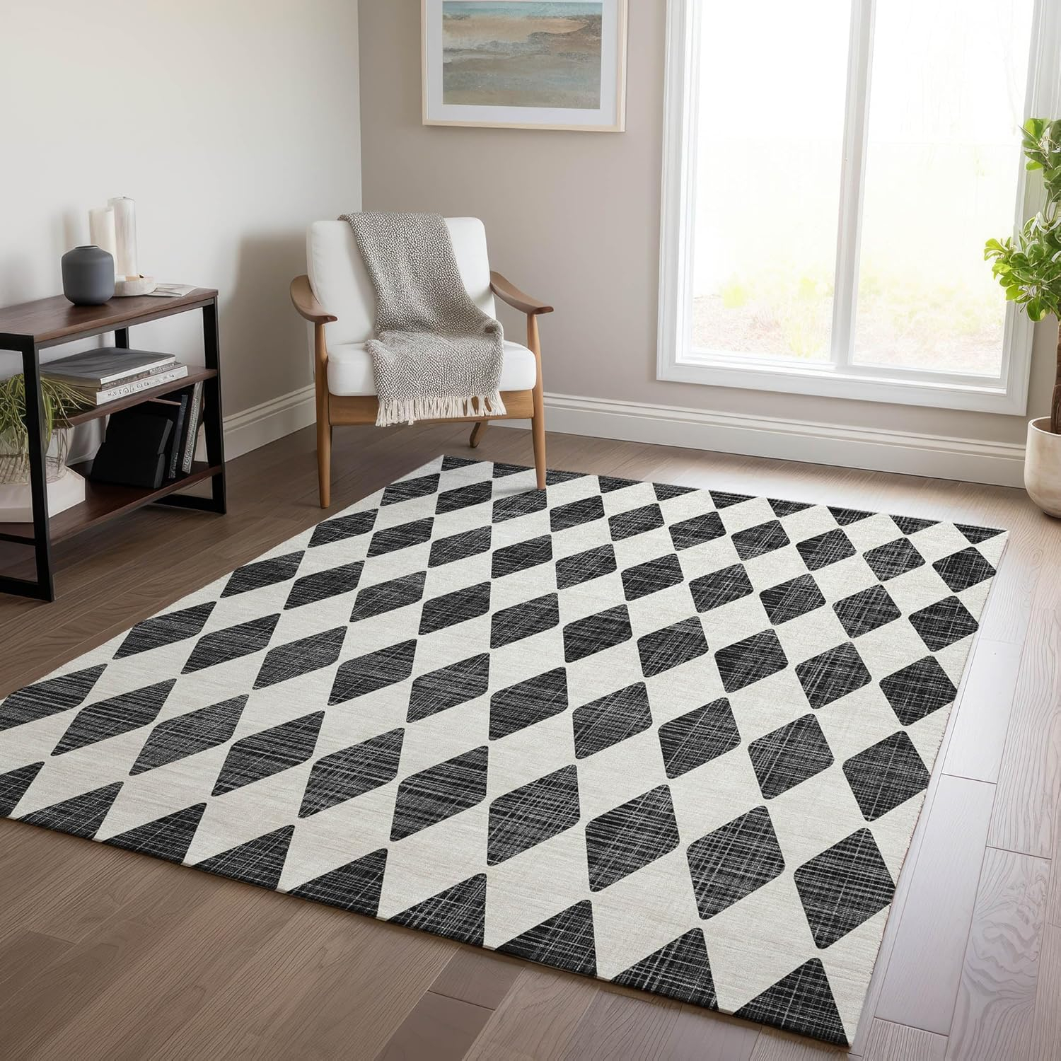 Black and White Diamond Pattern Washable Synthetic Rug