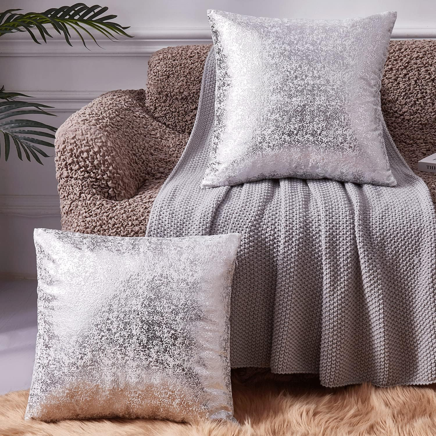 Silver Velvet Bliss Pillow Covers - Set of 2 White 18x18 Decorative Square Throw Pillows for Home Decor. Ideal for Bedroom, Living Room, Couch, Bed, and Sofa. Luxurious White and Silver Design.