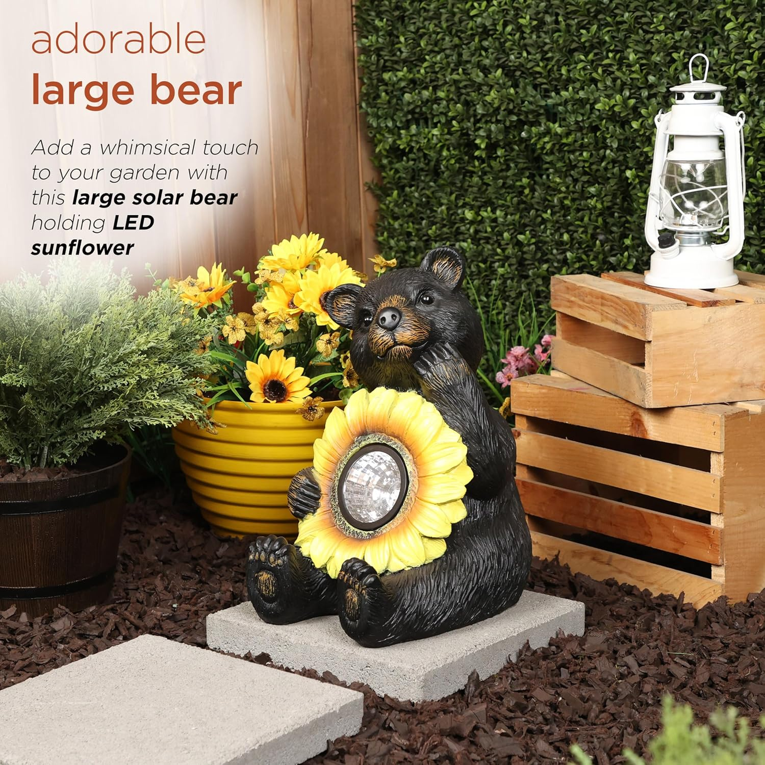 Alpine Corporation GXT520SLR-L Solar Powered Bear Statue with LED Sunflower for Outdoor Lawn and Yard Decoration, 16" H, Brown
