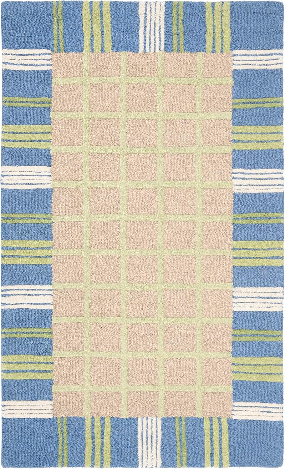 SAFAVIEH Kids Riley Geometric Bordered Cotton Area Rug, Taupe/Blue, 4' x 6'