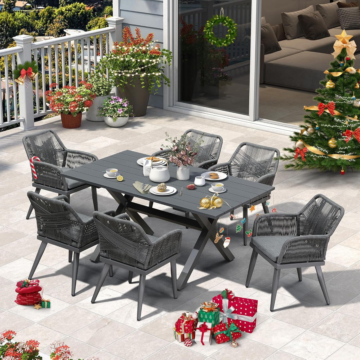 PURPLE LEAF 7 Pieces Outdoor Dining Set All-Weather PE Rattan Outdoor Patio Furniture Set with All Aluminum Frame Rectangular Table and Chairs Set for Lawn Garden Backyard Deck, Grey