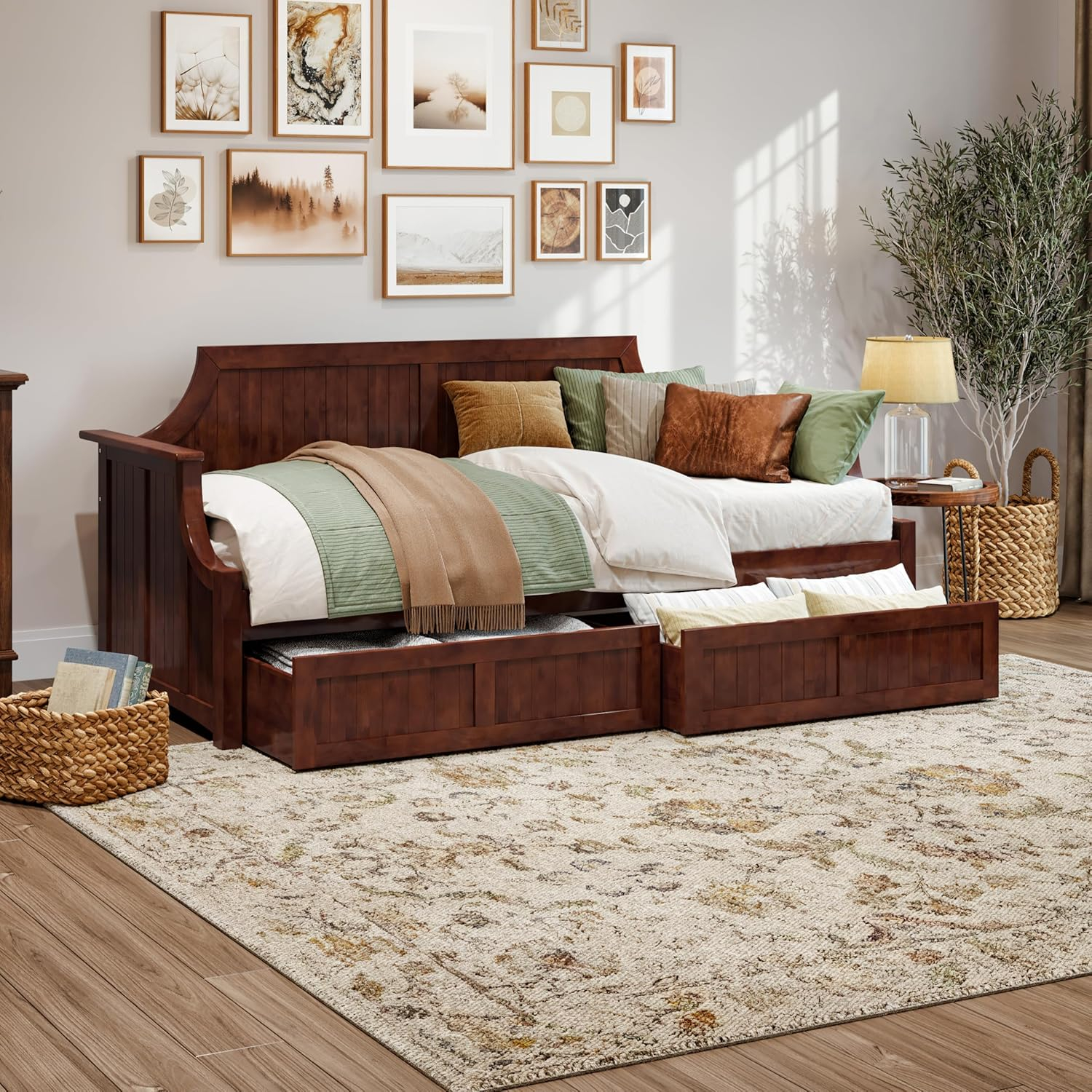 AFI Cambridge Wood Twin Size Daybed Frame with 2 Storage Drawers, Light Toffee