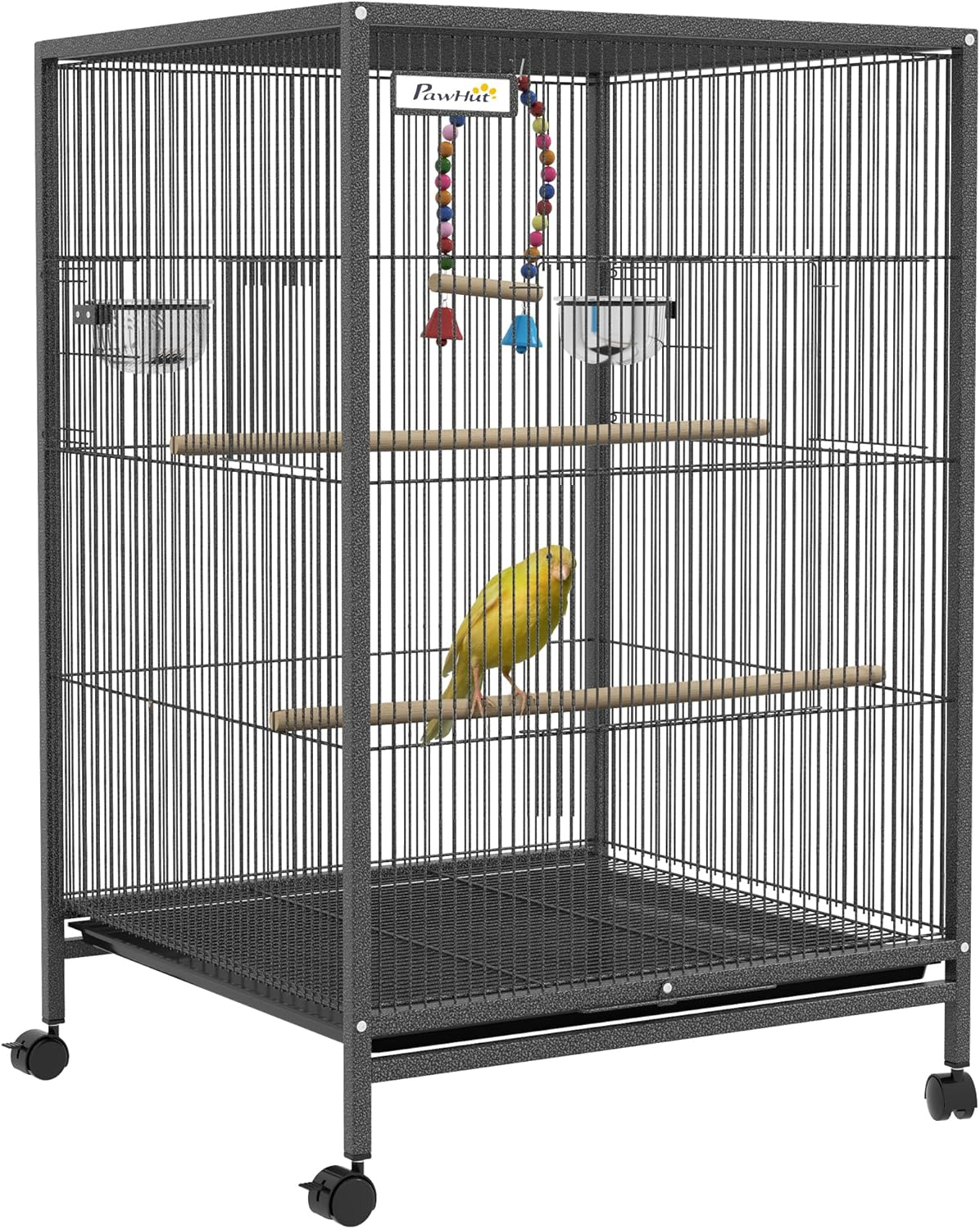 Pawhut Metal Bird Cage with Stand for Parrots, Lovebirds, Finches, Gray