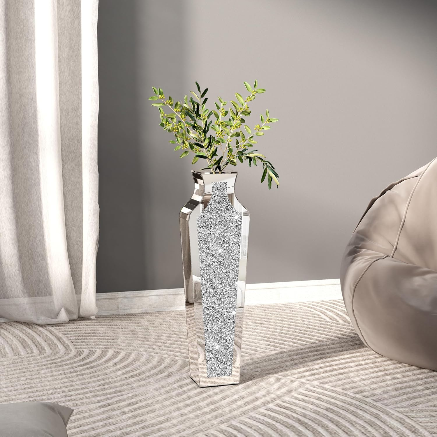 SHYFOY 18" Silver Floor Vase Crushed Diamond Mirrored Vase for Decor Living Room Floor, Crystal Mirrored Luxury Container for Dried Flower Arrangements Decor, Can’t Hold Water