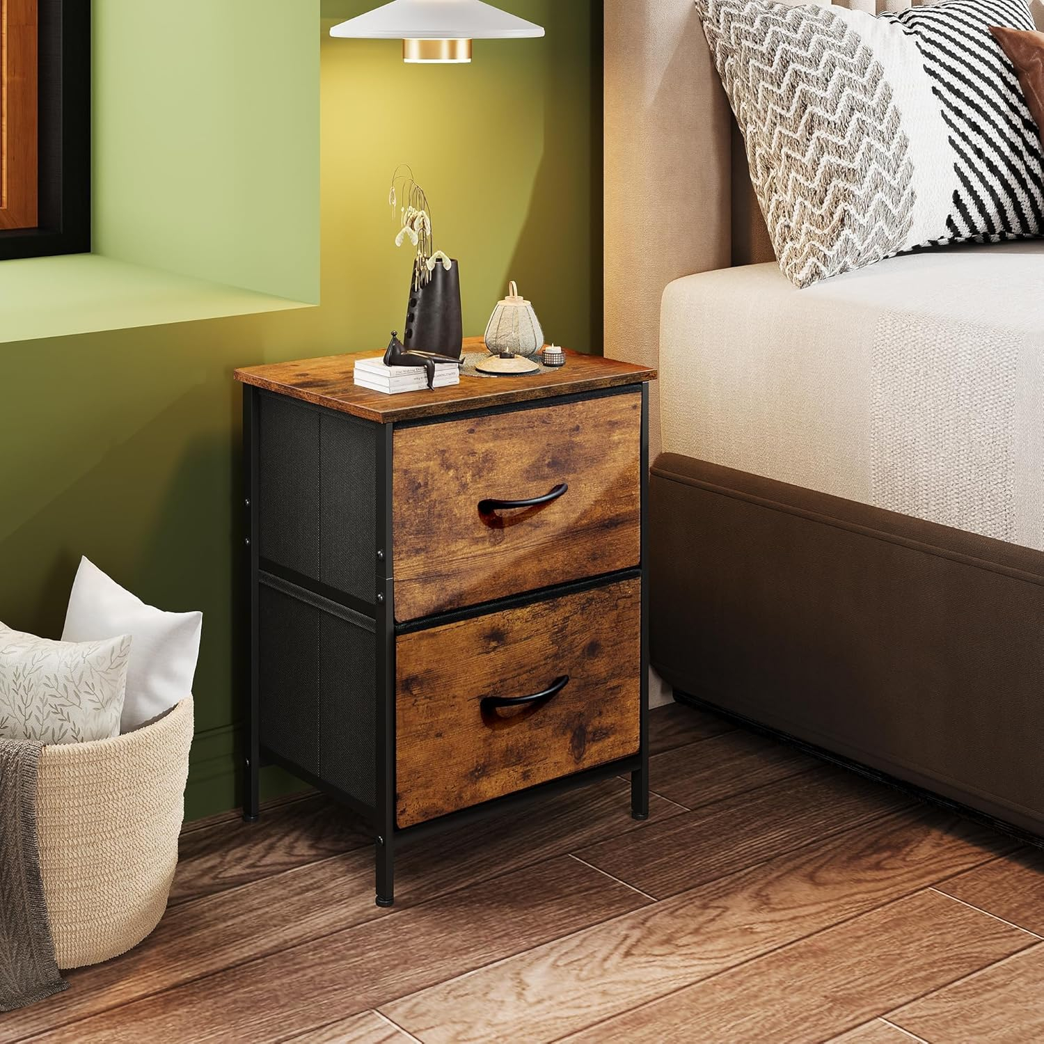 Dresser with 2 Drawers, Fabric Nightstand, Tall Dresser for Bedroom, Storage Chest of Drawers with Wood Top, Bedside Table, Rustic Brown