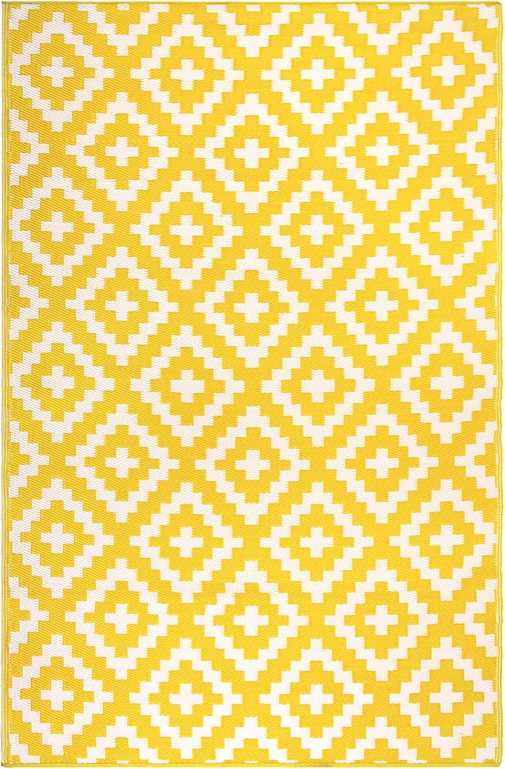 FH Home Outdoor Rug - Waterproof, Fade Resistant, Reversible - Premium Recycled Plastic - Geometric - Porch, Deck, Balcony, Mudroom, Laundry Room, Patio - Aztec - Yellow & White - 3 x 5 ft
