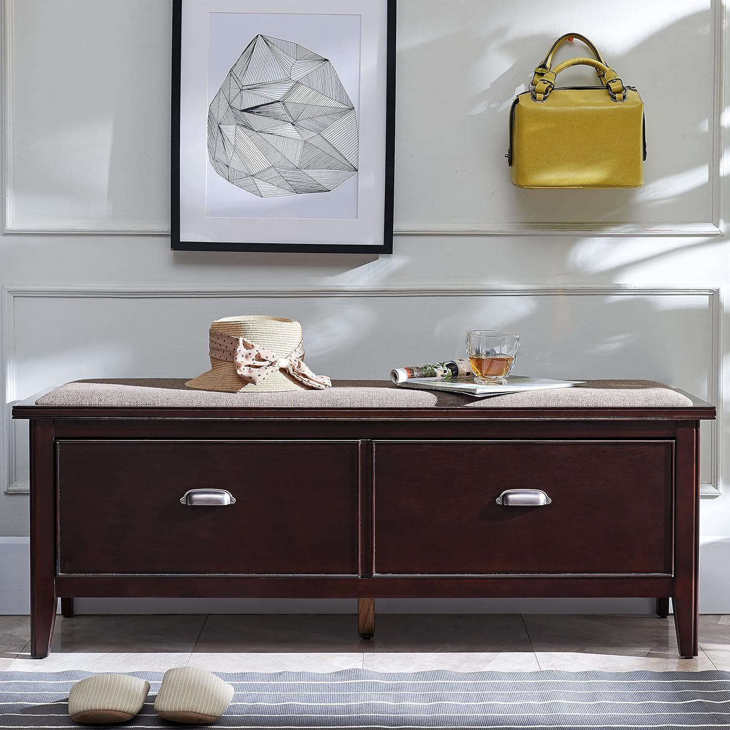 Leick Home 10523 Laurent Drop Front Entryway Bench with Upholstered Seat, Chocolate Cherry/Greige