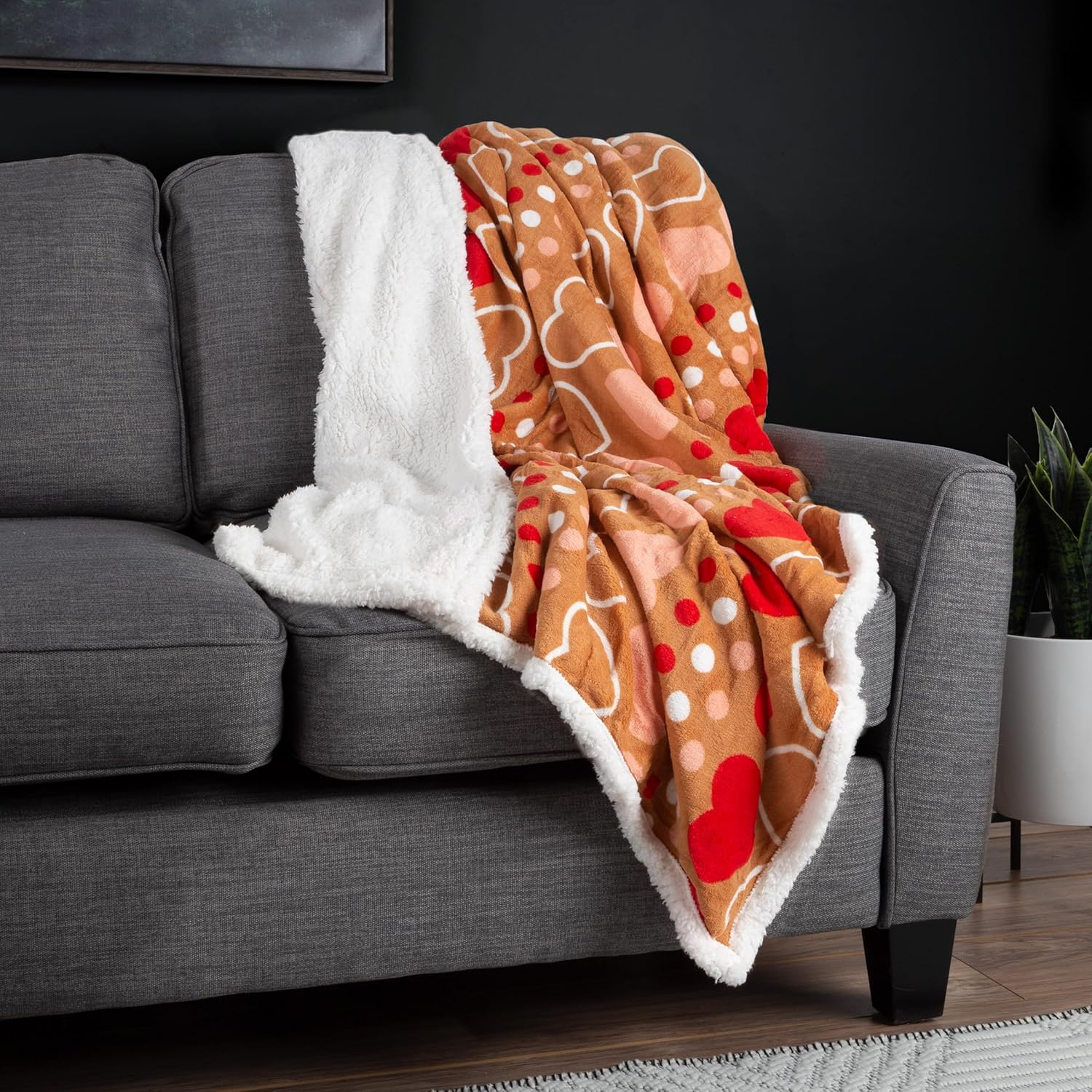 Cozy Reversible Sherpa Fleece Throw Blanket with Red Hearts