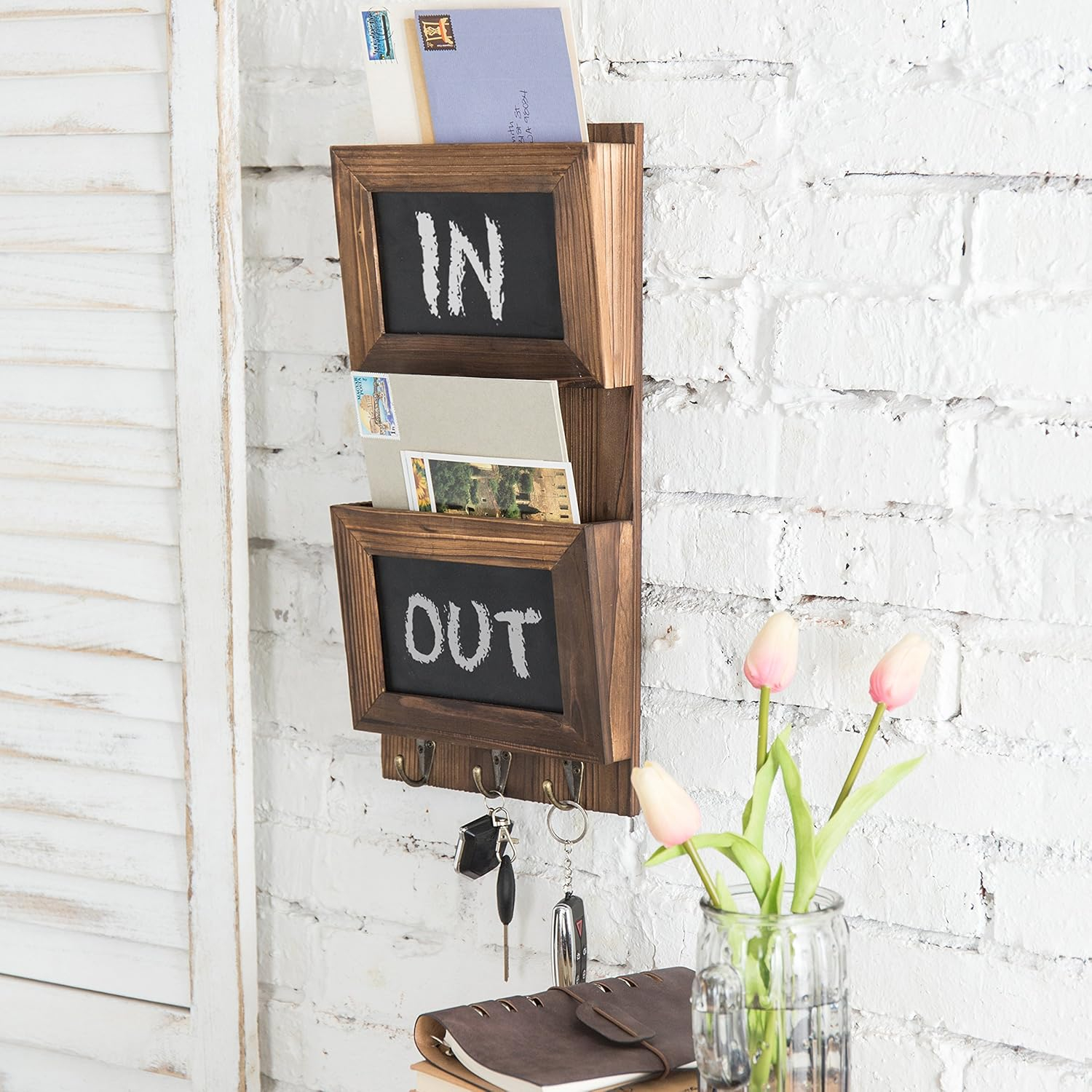 MyGift Rustic Wood Wall-Mounted 2-Slot Mail Sorter Organizer with Chalkboard Surface and 3 Key Hook Rack