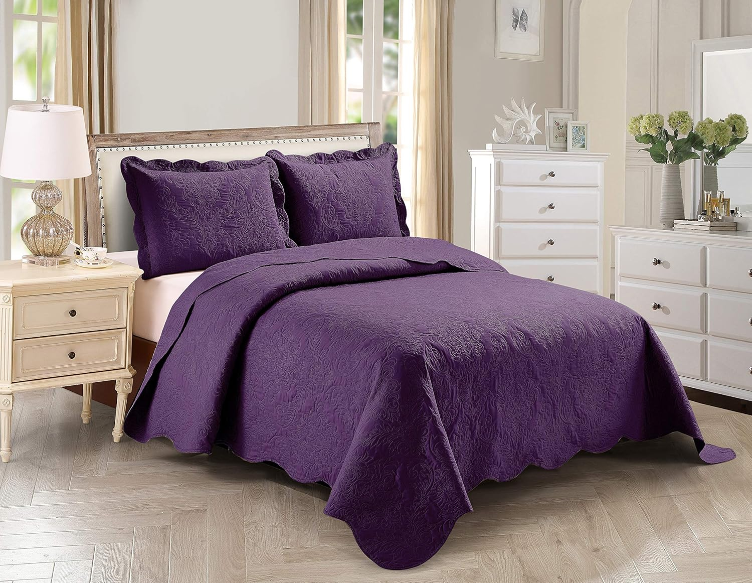 Home Collection Over Size Elegant Embossed Bedspread Set Light Weight Solid Color New (Dark Purple, King/Cal King)