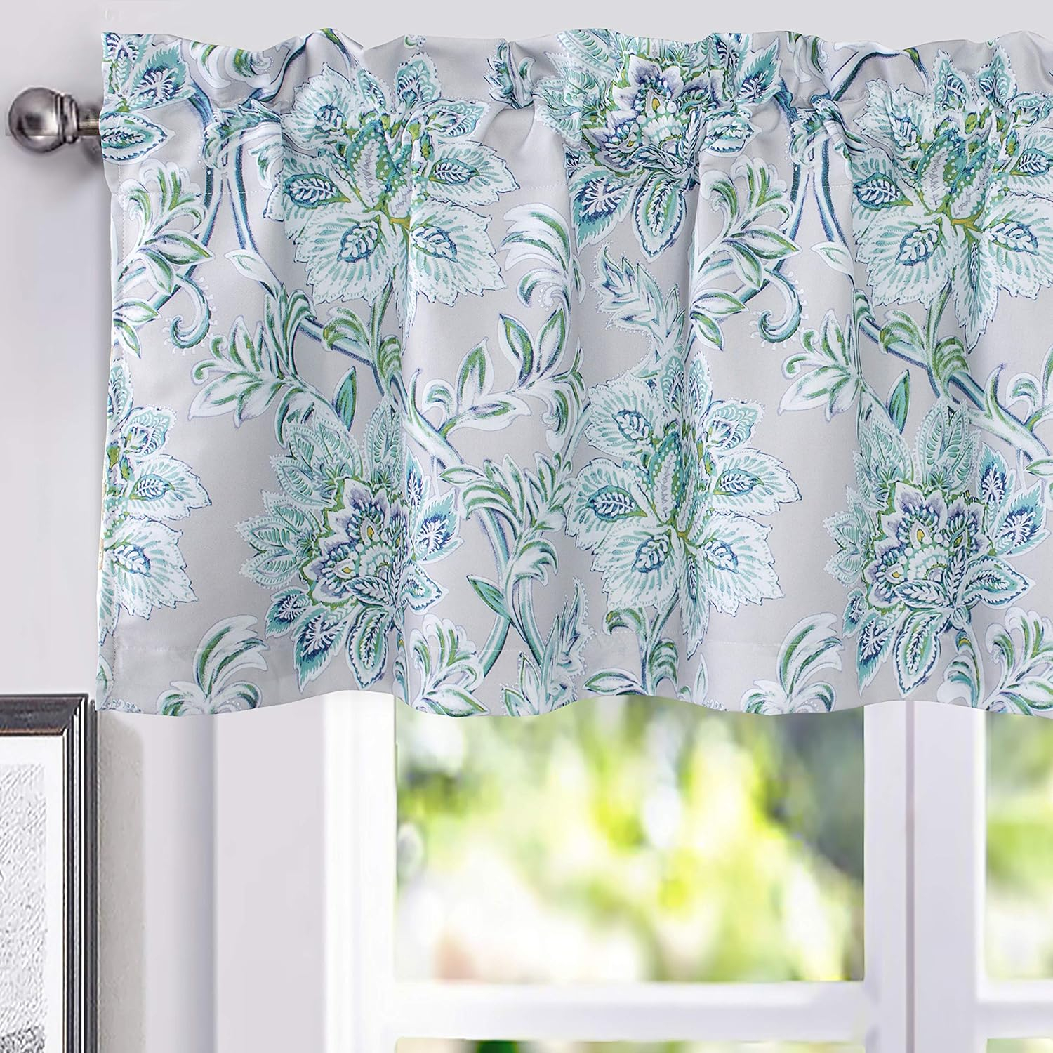 DriftAway Alyssa Jacobean Elegant Floral Leaves Pattern Thermal Insulated Blackout Lined Rod Pocket Window Curtain Valance for Kitchen Café, 52" x 18" Plus 2" Header, Gray, 2 Pack