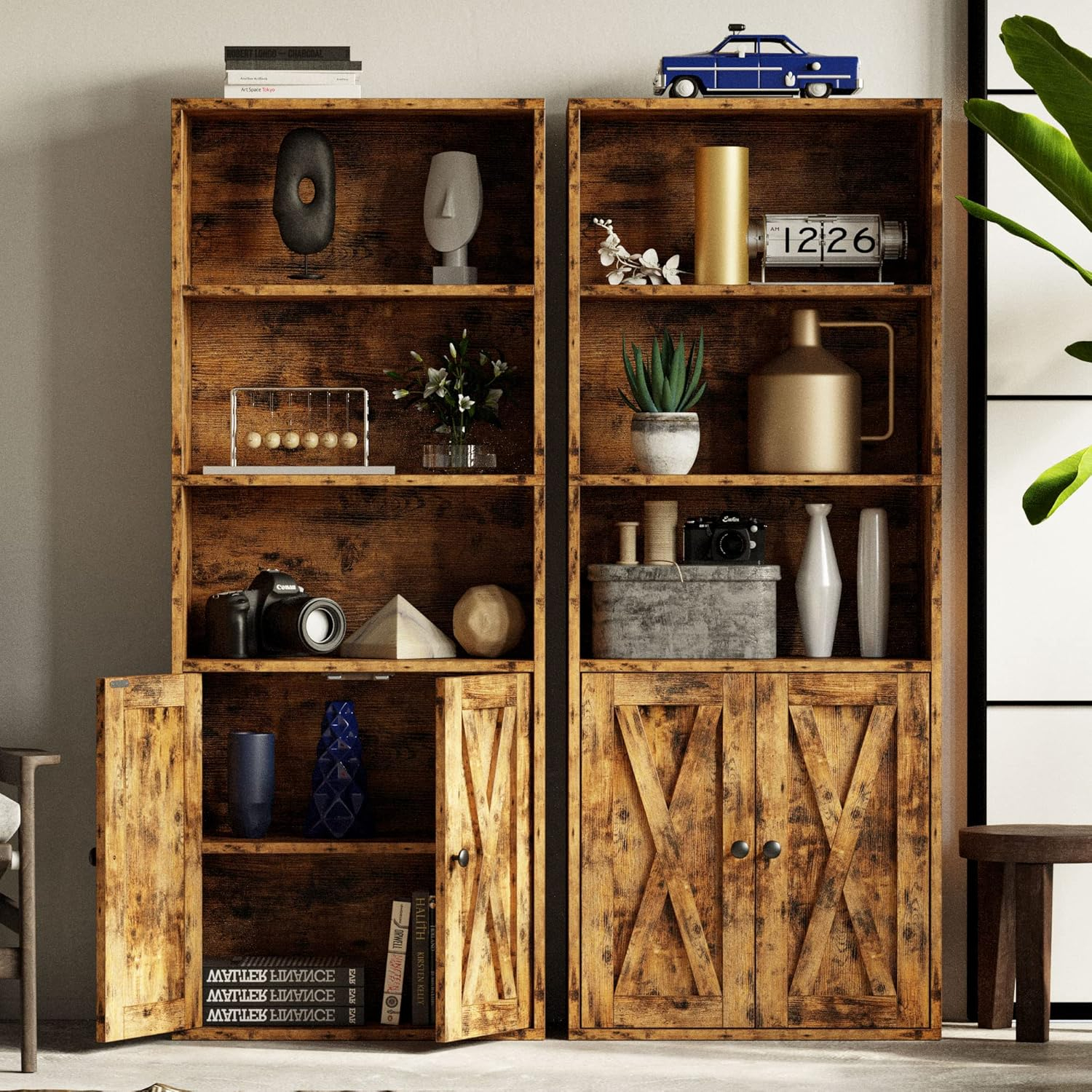 Industrial Bookshelves and Bookcases with Doors 11.8 in Depth Floor Standing 5 Shelf Display Storage Shelves Bookcase Home Decor Furniture for Home, Office, Living Room, Bedroom