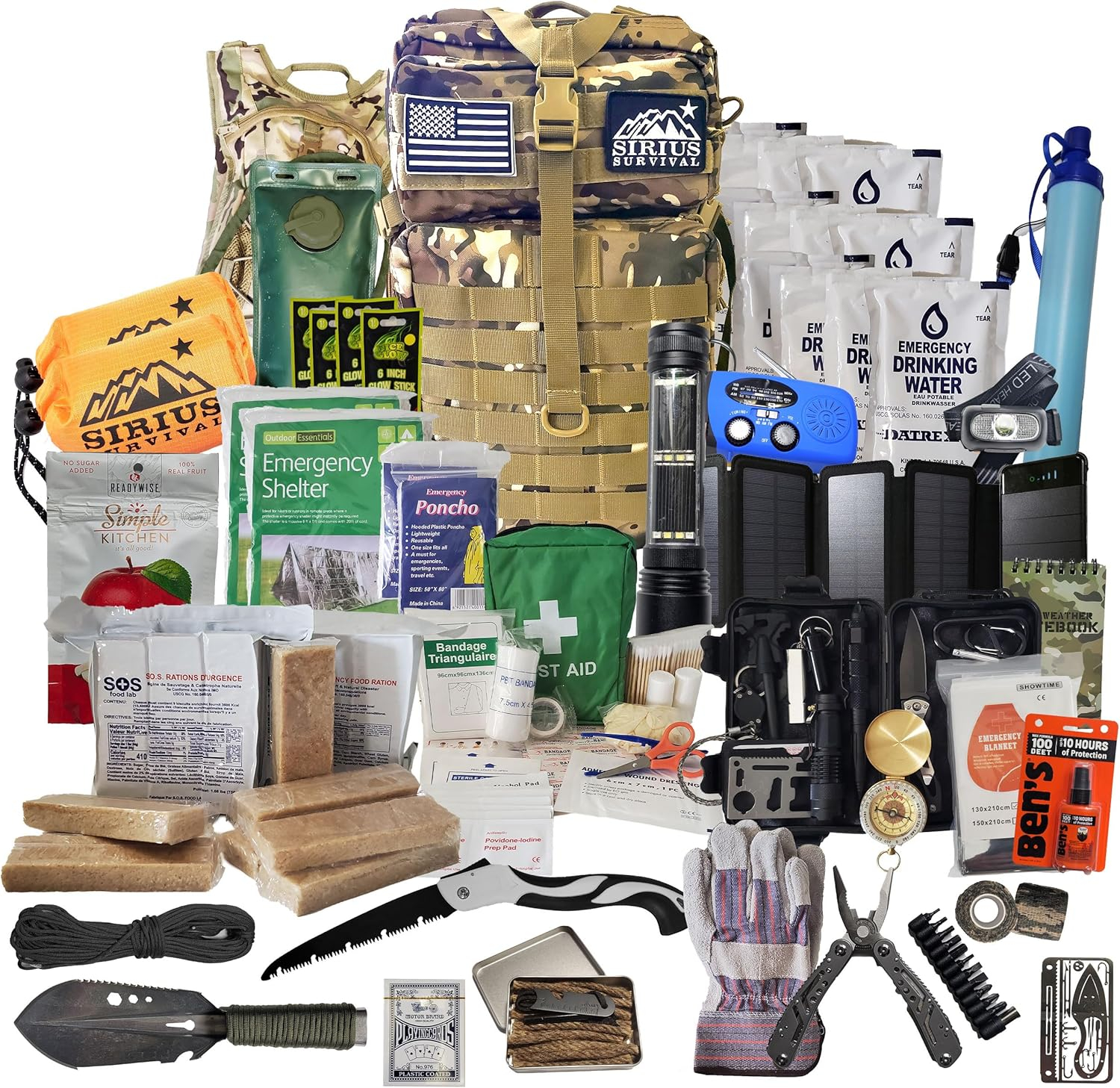 Sirius Survival Bug Out Bag - Premium Bugout Backpack Pre-Packed Survival Kit - Ultimate Bug Out Bag Backpack Survival Kit - Comprehensive Survival Bag - Go Bag Emergency Backpack - Camo