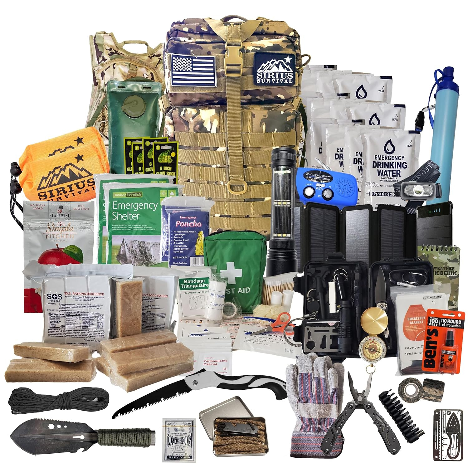 Sirius Survival Bug Out Bag - Premium Bugout Backpack Pre-Packed Survival Kit - Ultimate Bug Out Bag Backpack Survival Kit - Comprehensive Survival Bag - Go Bag Emergency Backpack - Camo
