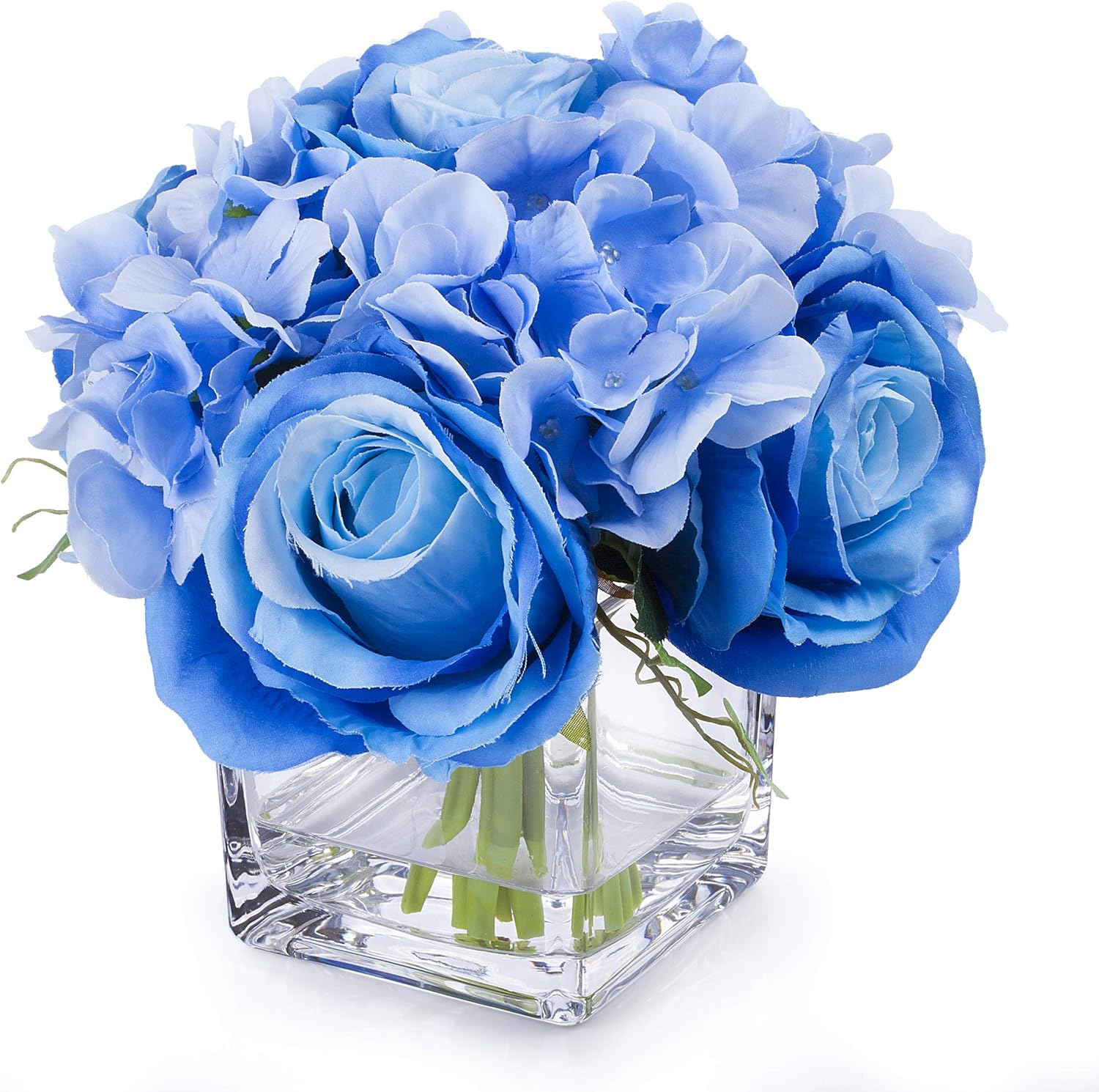 Enova Home Mixed Artificial Silk Hydrangea and Roses Faux Flowers Arrangement in Ceramic Pot for Home Office Wedding Decoration (Blue)