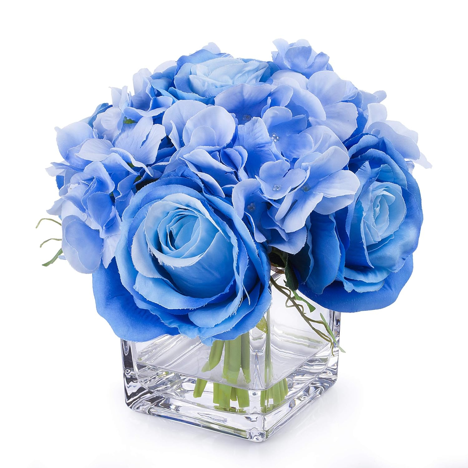 Enova Home Mixed Artificial Silk Hydrangea and Roses Faux Flowers Arrangement in Ceramic Pot for Home Office Wedding Decoration (Blue)