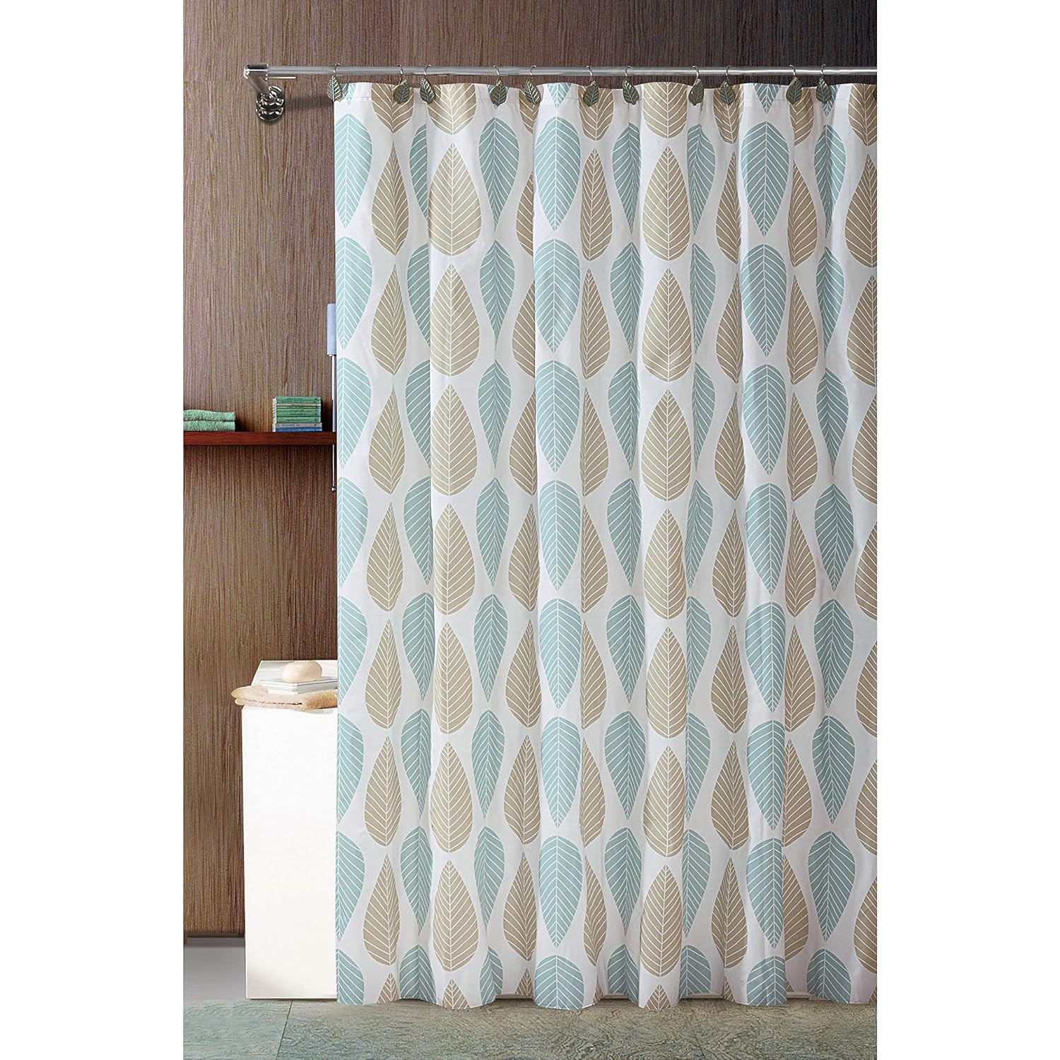 Bath Bliss Beige & Blue Leaf Design Shower Curtain