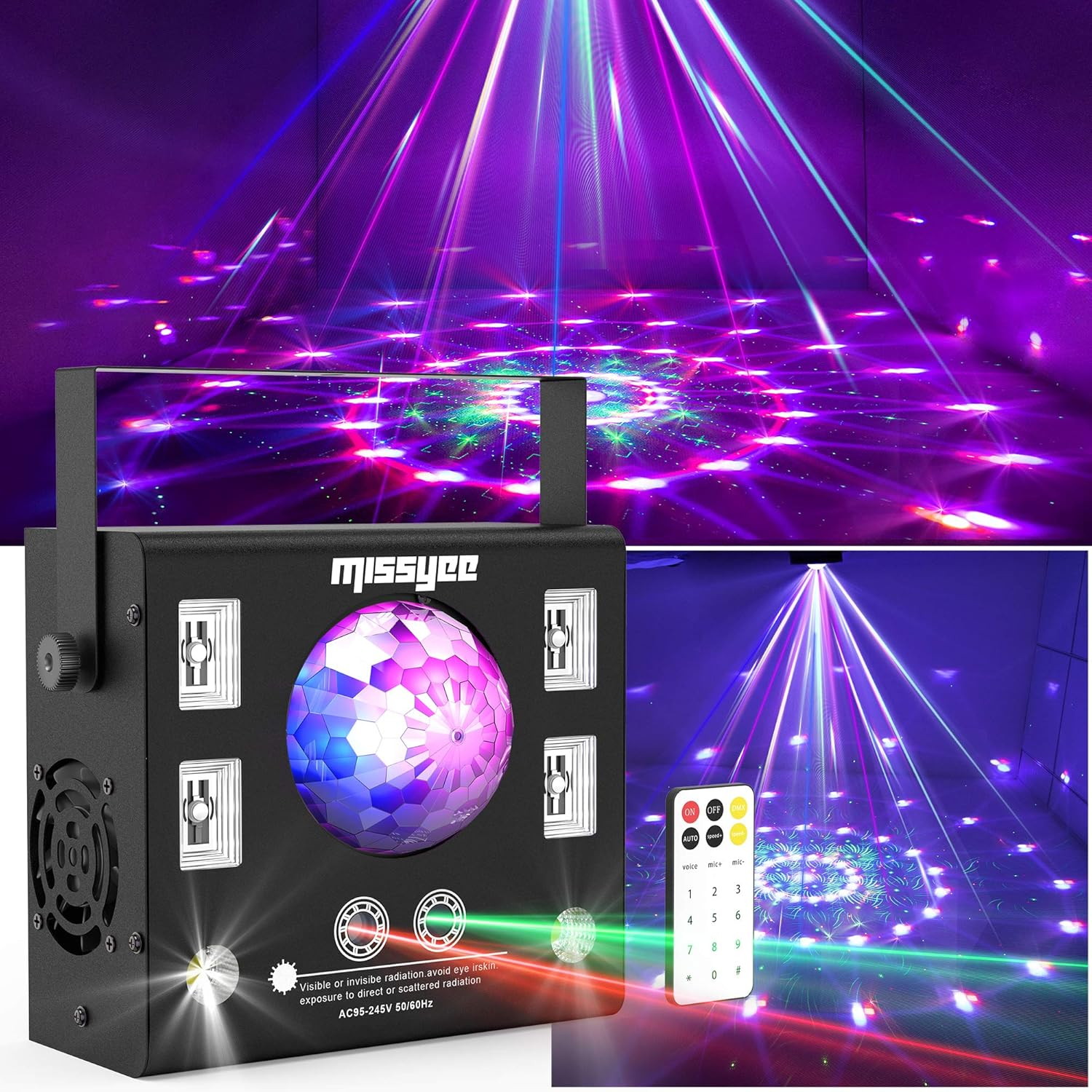 DJ Lights 4 in 1 with Disco Ball, LED Pattern & Strobe Sound Activated Stage Lights, Compatible with DMX Control for Home Dance Wedding Event Party