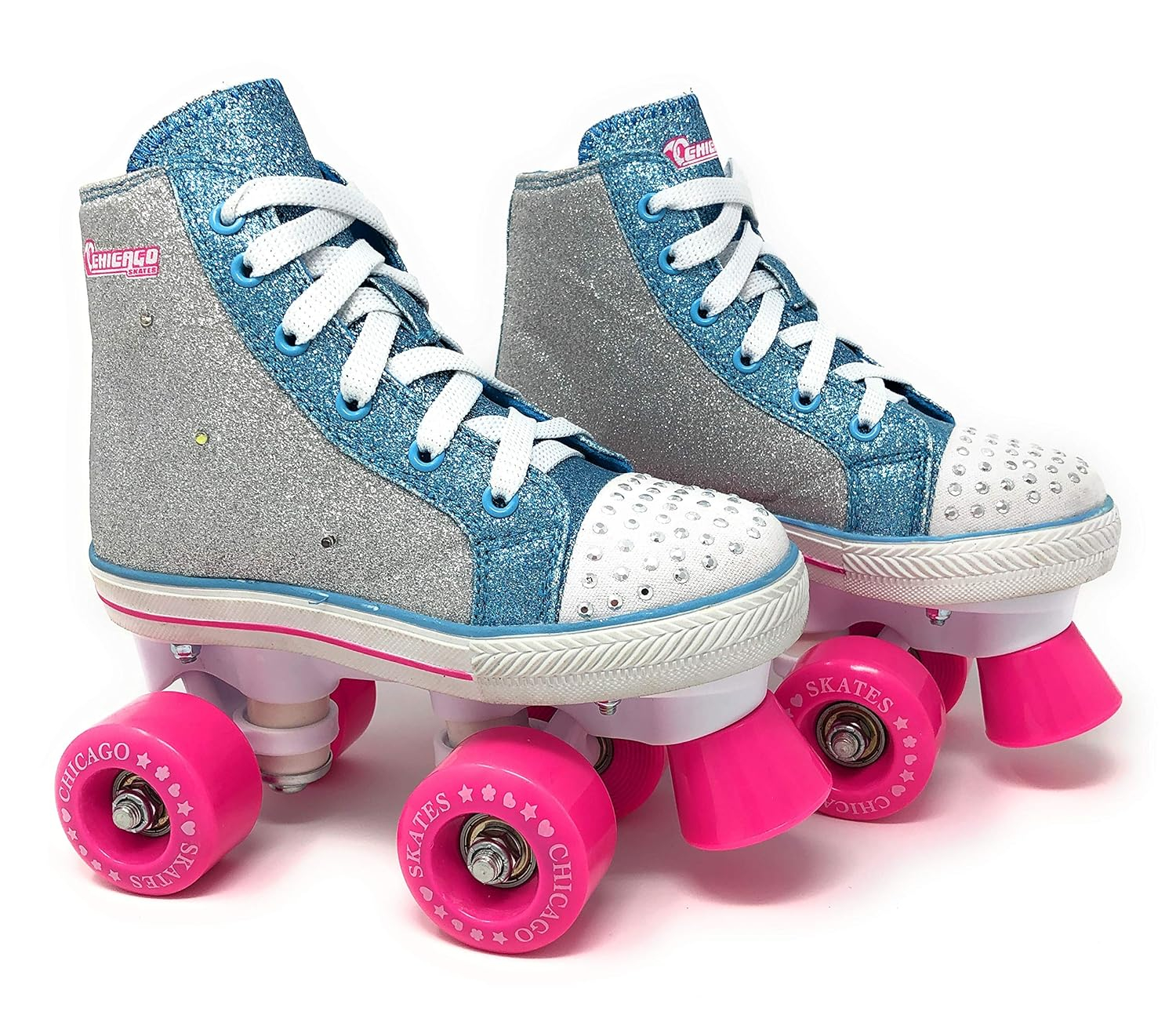 Chicago Girls Fashion Quad Skates – Glitter High-Top, Flashing Lights, 54mm Urethane Wheels, Adjustable Trucks, Indoor & Outdoor Use